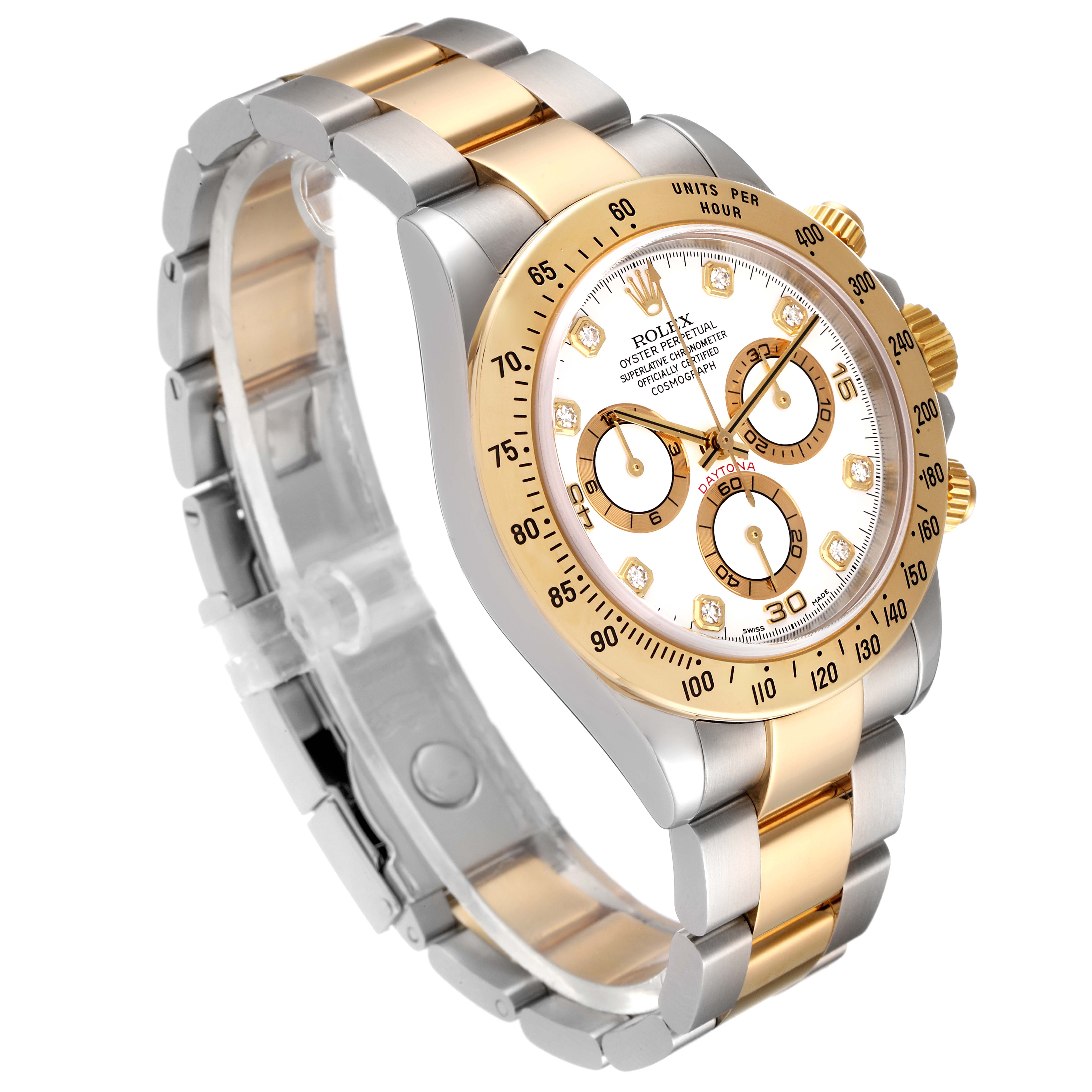 The Rolex Daytona 116523 Men
s Steel and Gold (two tone) White Dial 116523 Men
s Steel and Gold (two tone) White Dial watch is shown at an angled side view highlighting its two-tone strap, face, and chronograph features.