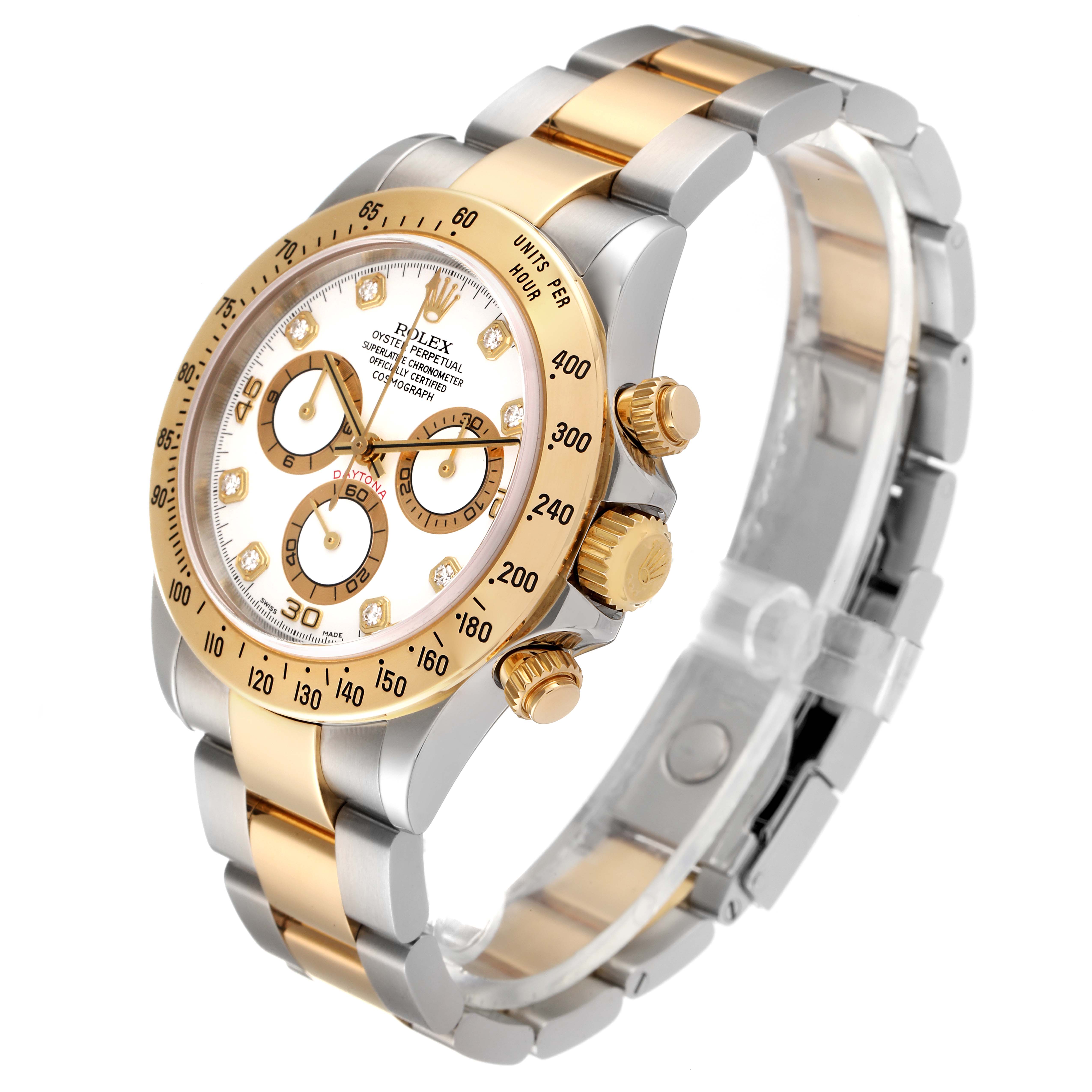 This image shows a side-angle view of the Rolex Daytona 116523 Men
s Steel and Gold (two tone) White Dial 116523 Men
s Steel and Gold (two tone) White Dial watch, highlighting its dial, crown, and two-tone bracelet.