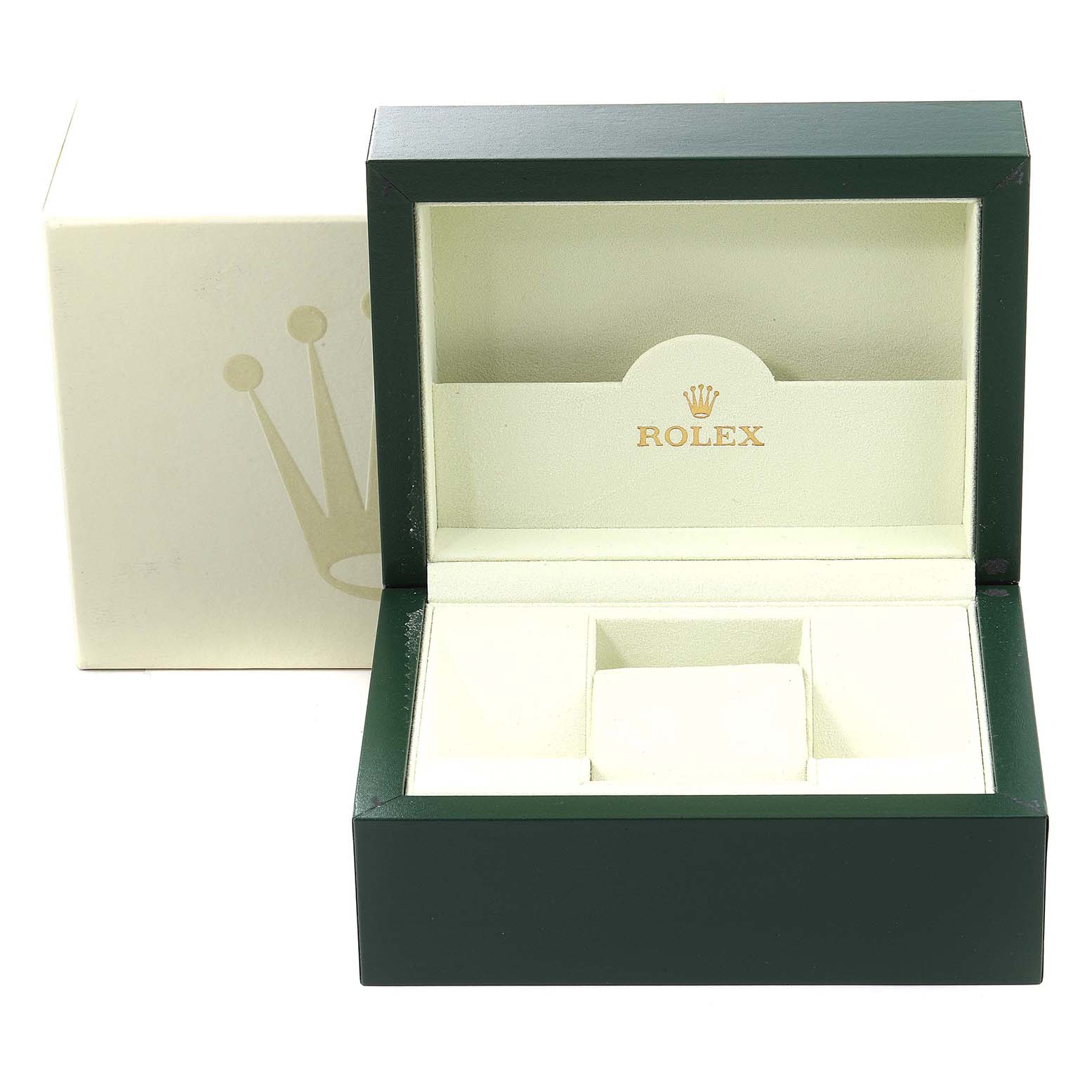 The image shows an open Rolex watch box for the Daytona model, featuring a green exterior and cream interior.