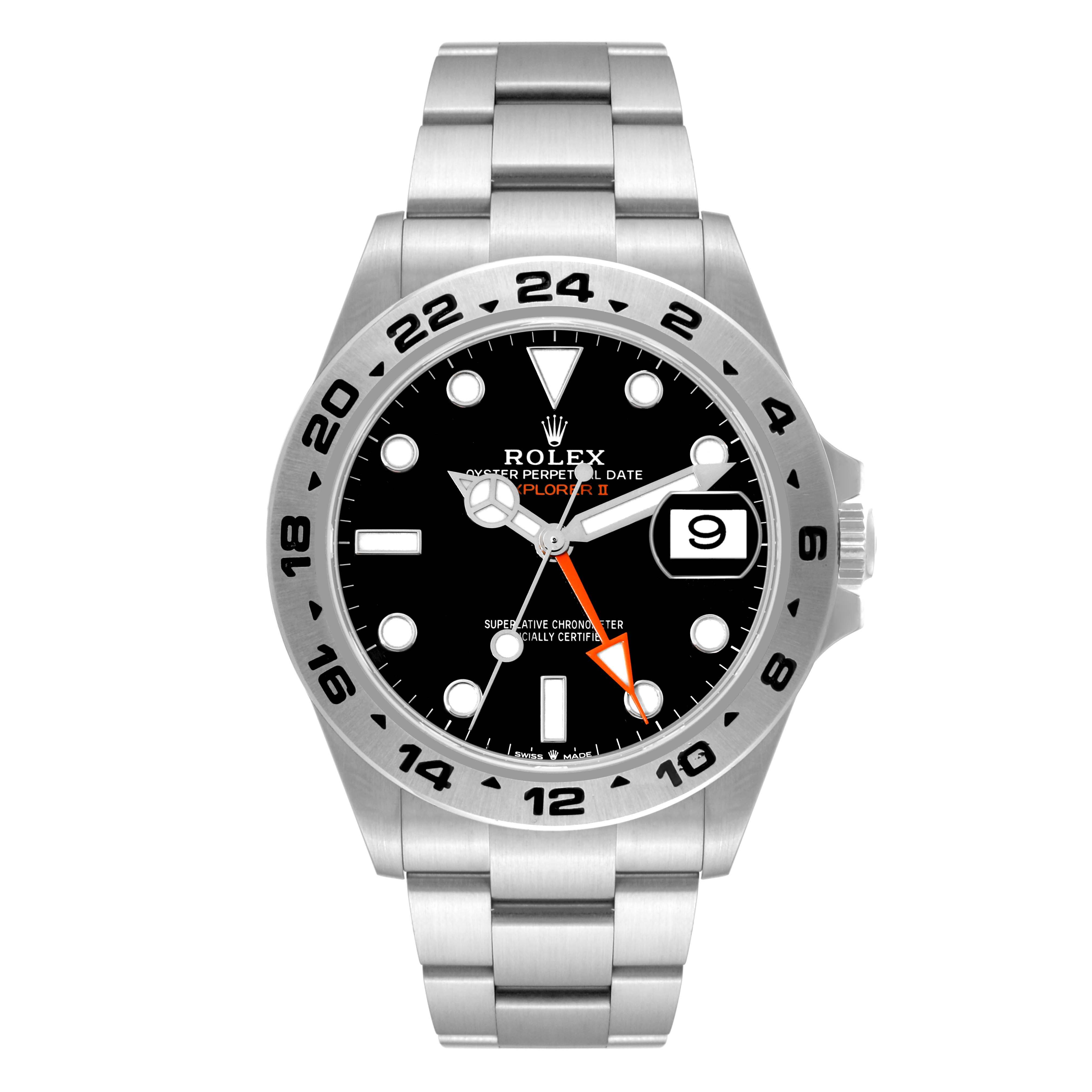 The image shows the front view of a Rolex Explorer 226570 Men
s Stainless Steel Black Dial 226570 Men
s Stainless Steel Black Dial watch, highlighting its face, bezel, and bracelet.