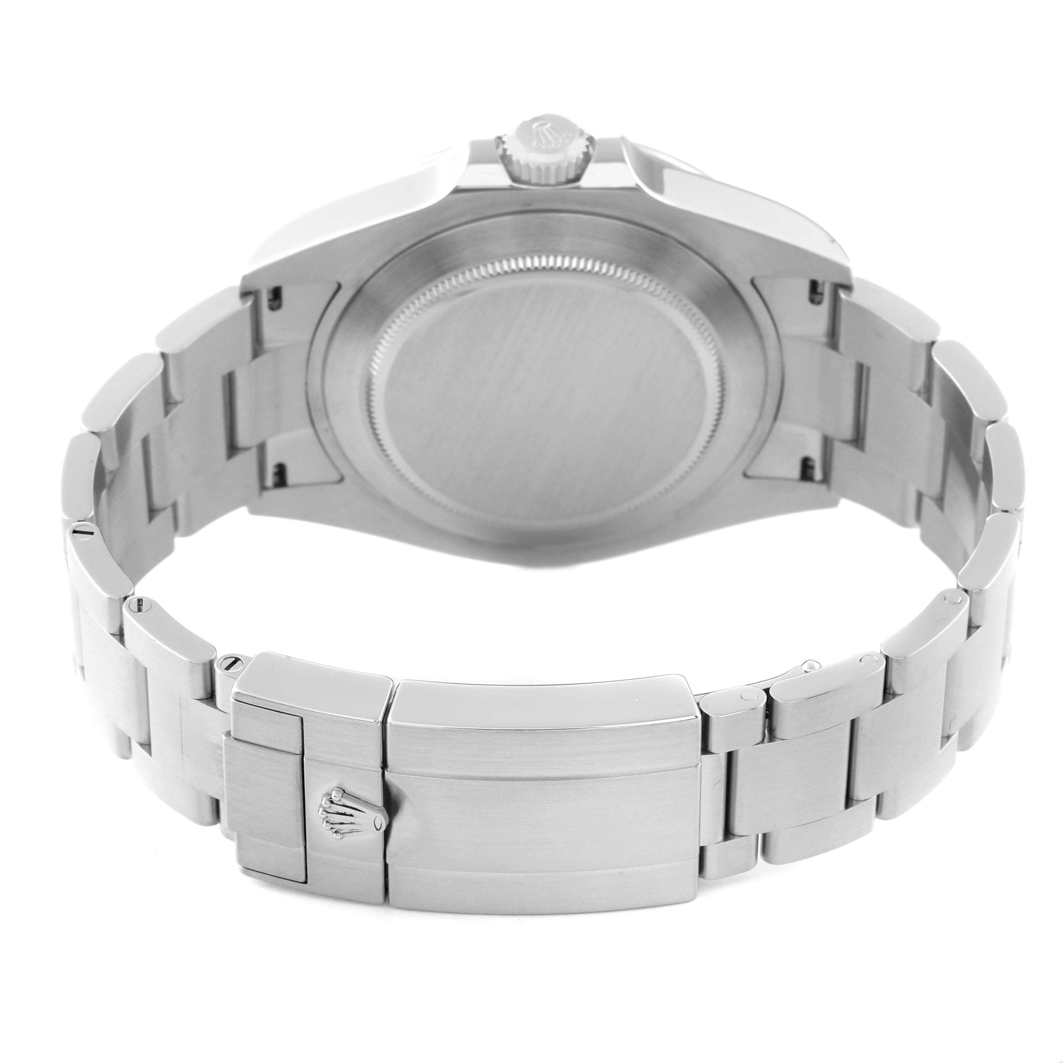 This is a rear view of the Rolex Explorer 226570 Men
s Stainless Steel Black Dial 226570 Men
s Stainless Steel Black Dial watch showing the case back, crown, and bracelet with clasp.