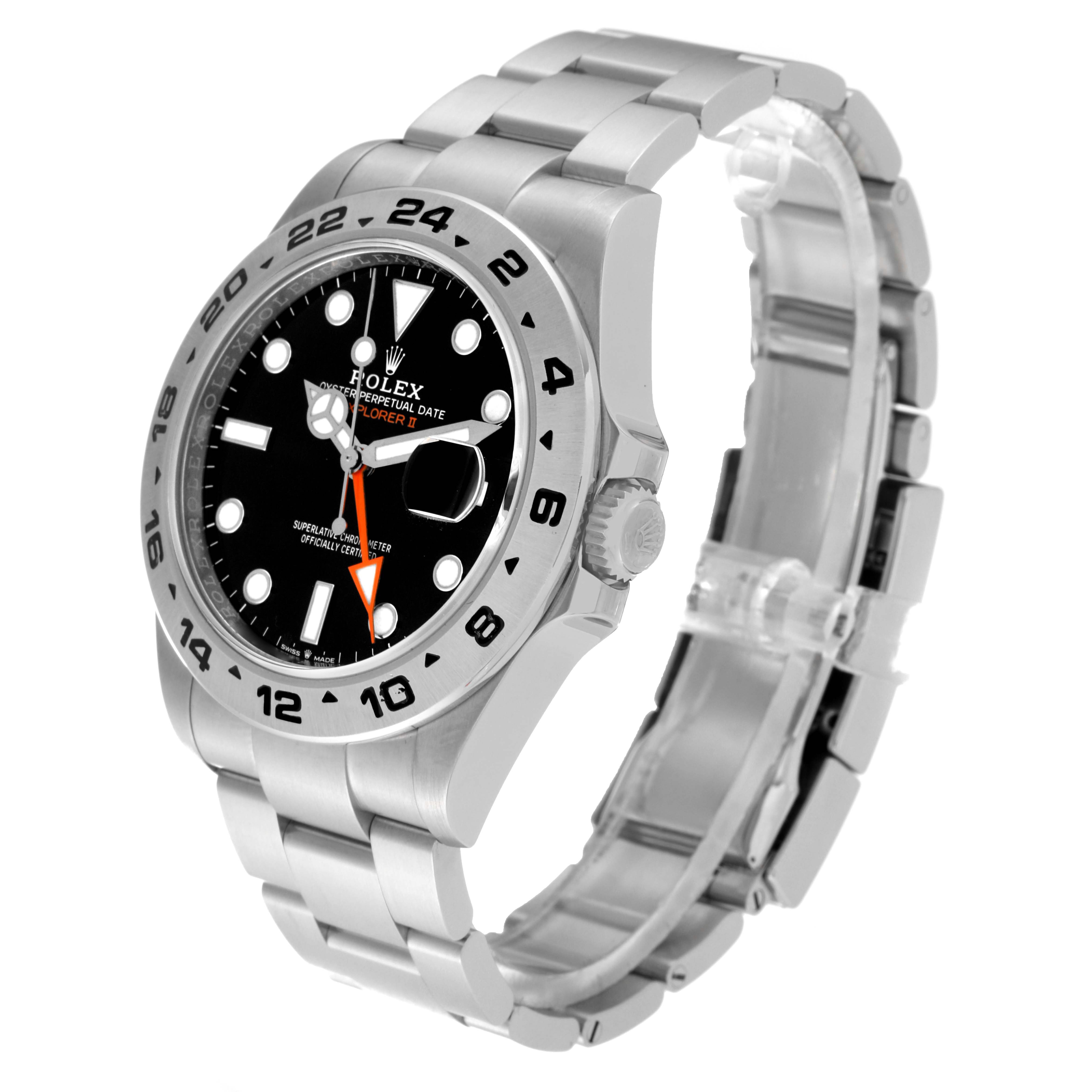 The image shows a side angle of the Rolex Explorer 226570 Men
s Stainless Steel Black Dial 226570 Men
s Stainless Steel Black Dial watch, highlighting the face, bezel, crown, and bracelet.