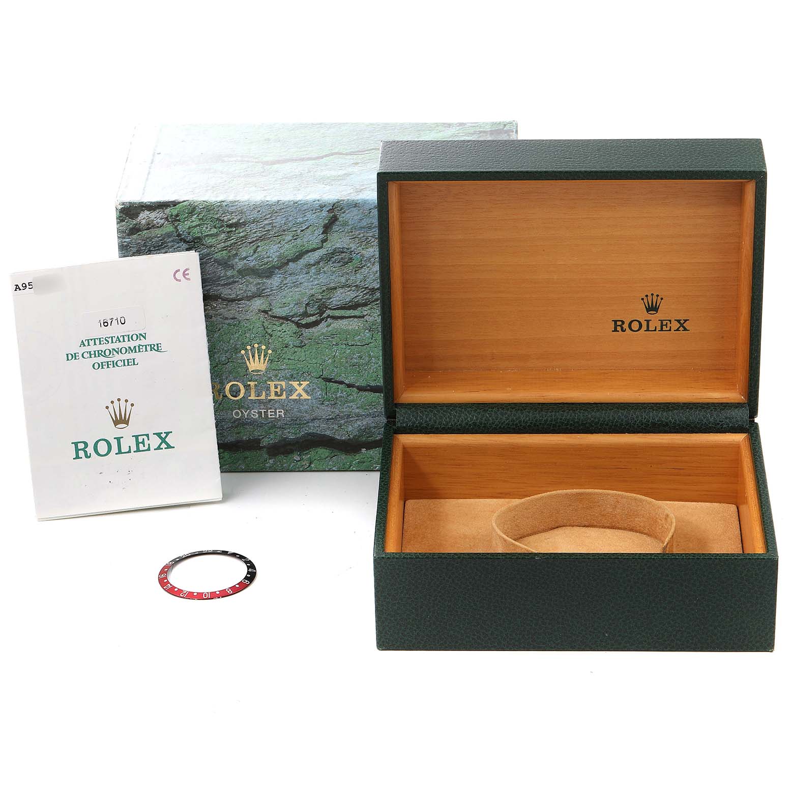 The image shows an open Rolex green watch box, a Rolex GMT-Master 16710 Men
s Stainless Steel Black Dial 16710 Men
s Stainless Steel Black Dial bezel, and a certificate of Best Quality
ity.