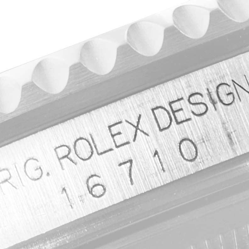 This close-up image shows the model 16710 and Rolex branding on the GMT-Master watch casing.
