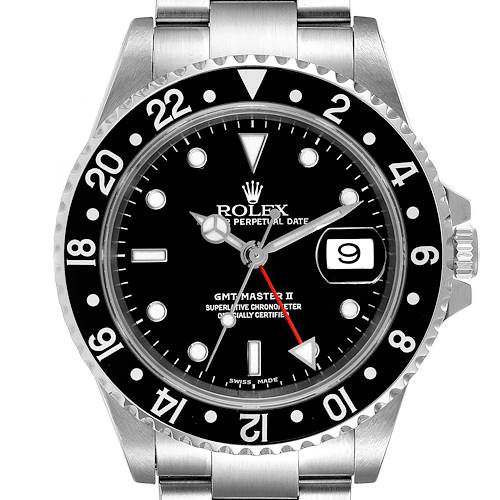 The image shows a front view of the Rolex GMT-Master II watch, displaying the dial, bezel, and bracelet.