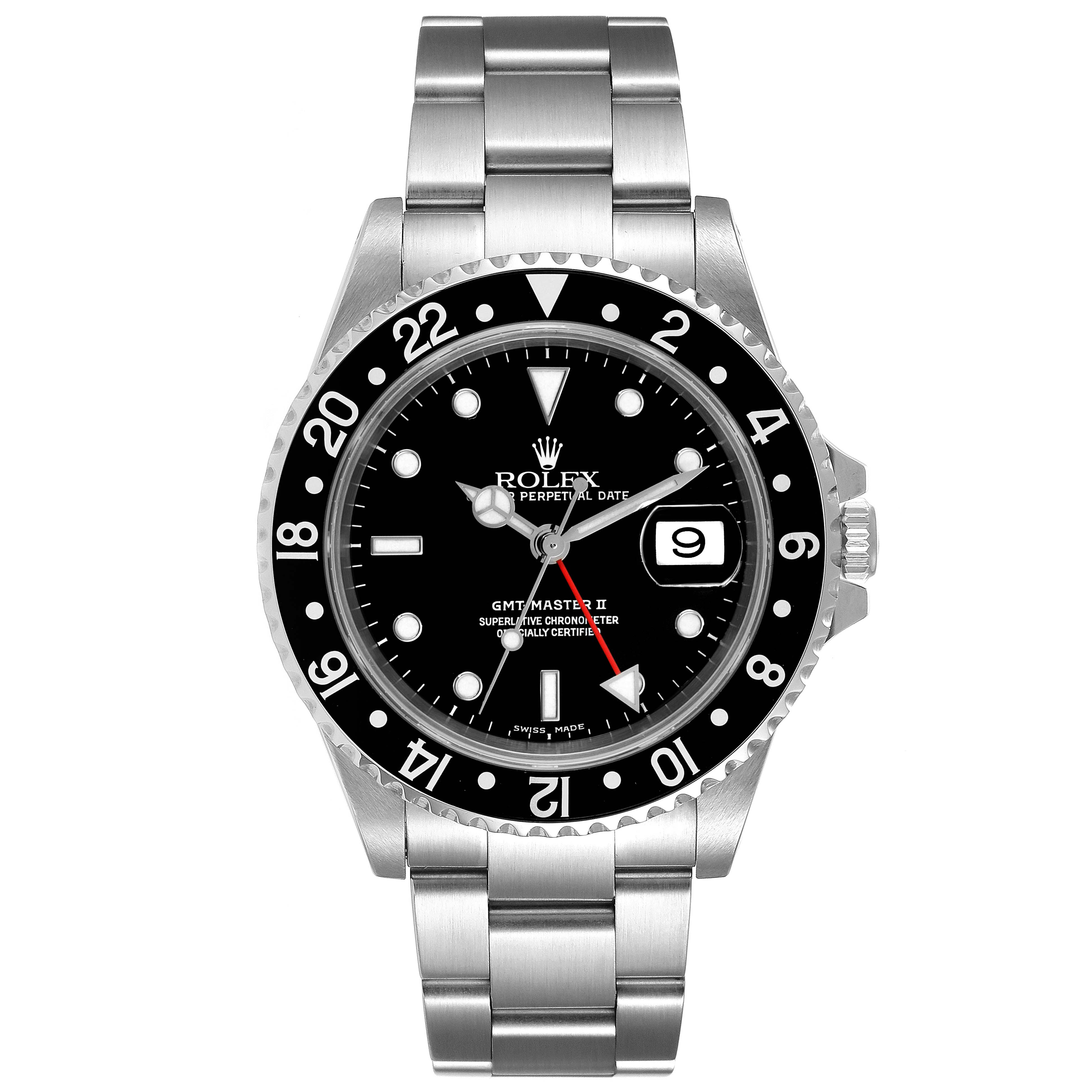 The Rolex GMT-Master 16710 Men
s Stainless Steel Black Dial 16710 Men
s Stainless Steel Black Dial watch is shown from a front angle, displaying the dial, bezel, crown, and bracelet.