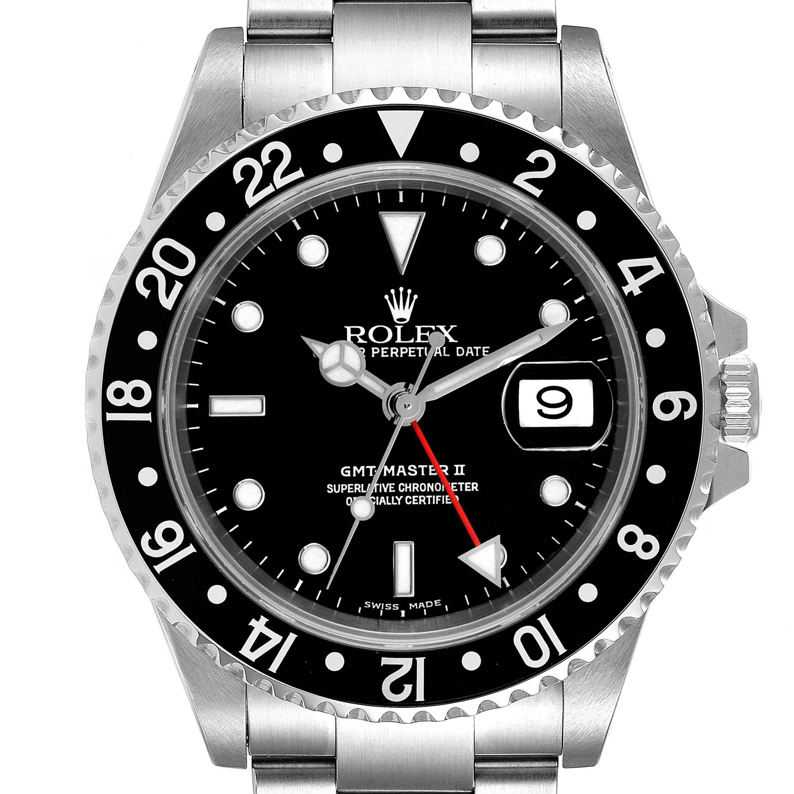 The image shows a front view of the Rolex GMT-Master 16710 Men
s Stainless Steel Black Dial 16710 Men
s Stainless Steel Black Dial II watch, featuring its face, bezel, crown, and part of the bracelet.