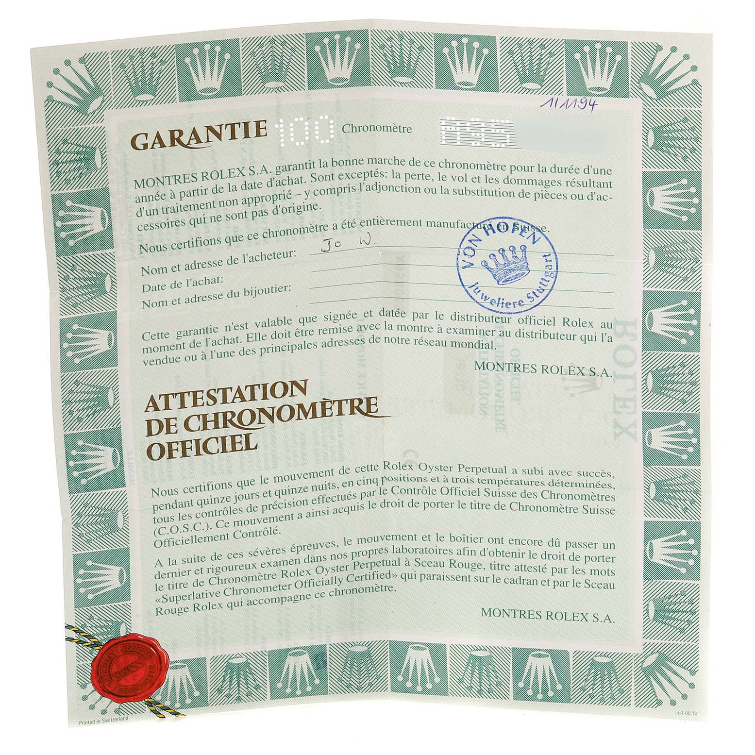 The image shows the warranty and chronometer certificate for a Rolex GMT-Master 16710 Men
s Stainless Steel Black Dial 16710 Men
s Stainless Steel Black Dial watch.