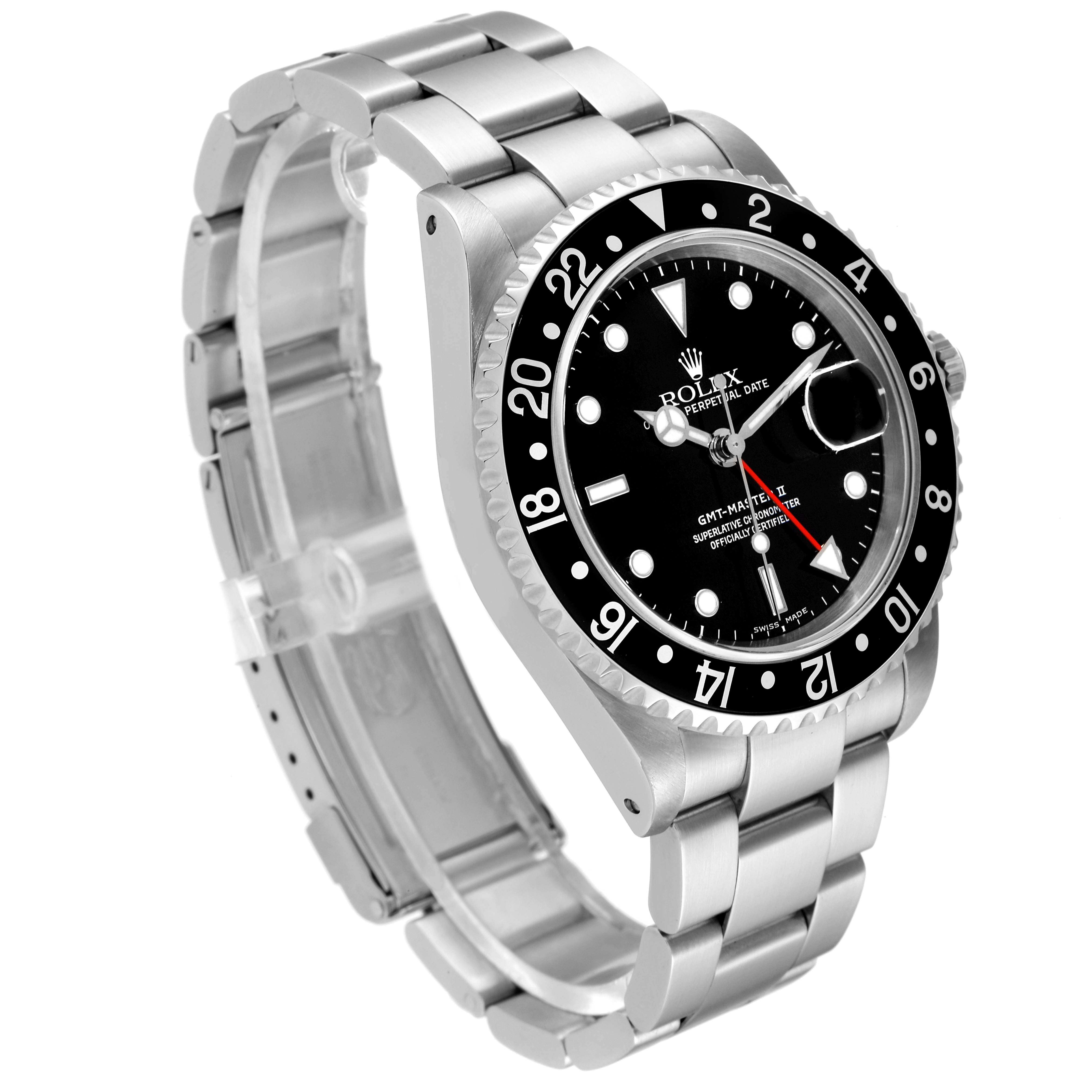 The image shows a Rolex GMT-Master 16710 Men
s Stainless Steel Black Dial 16710 Men
s Stainless Steel Black Dial watch angled from the front and left, displaying the bezel, dial, case, and bracelet.