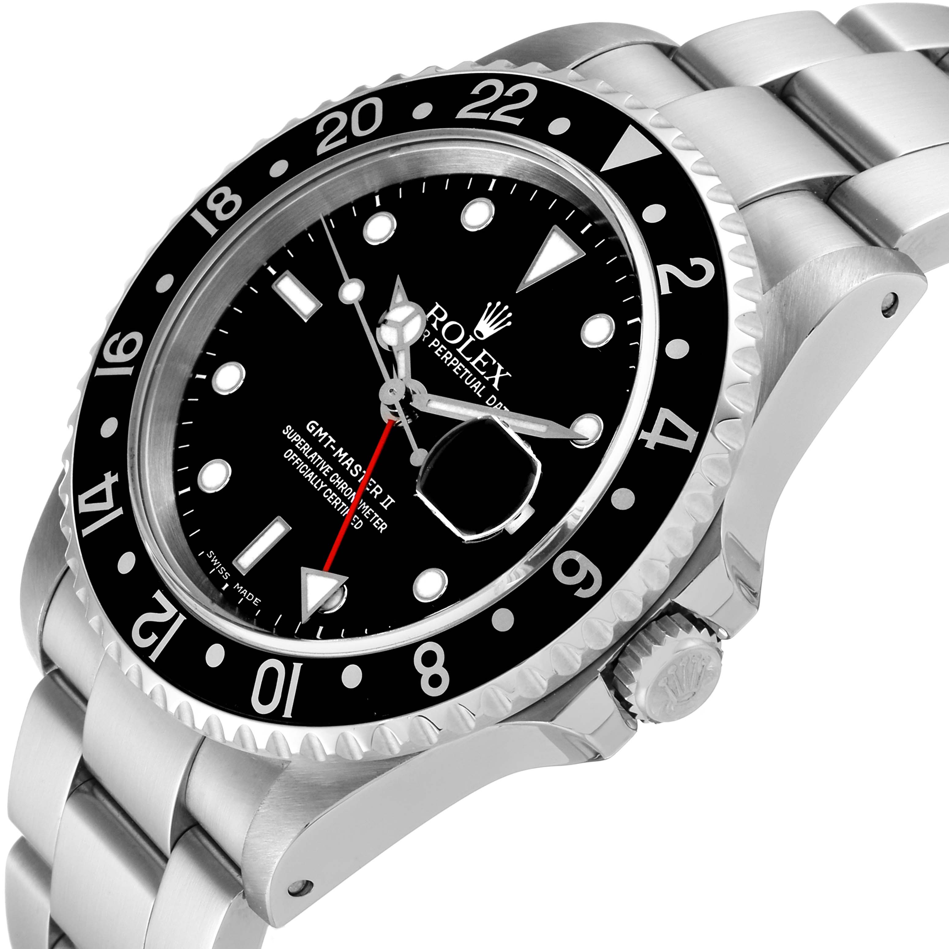 The image shows a side angle of a Rolex GMT-Master 16710 Men
s Stainless Steel Black Dial 16710 Men
s Stainless Steel Black Dial II watch, highlighting the bezel, dial, bracelet, and crown.