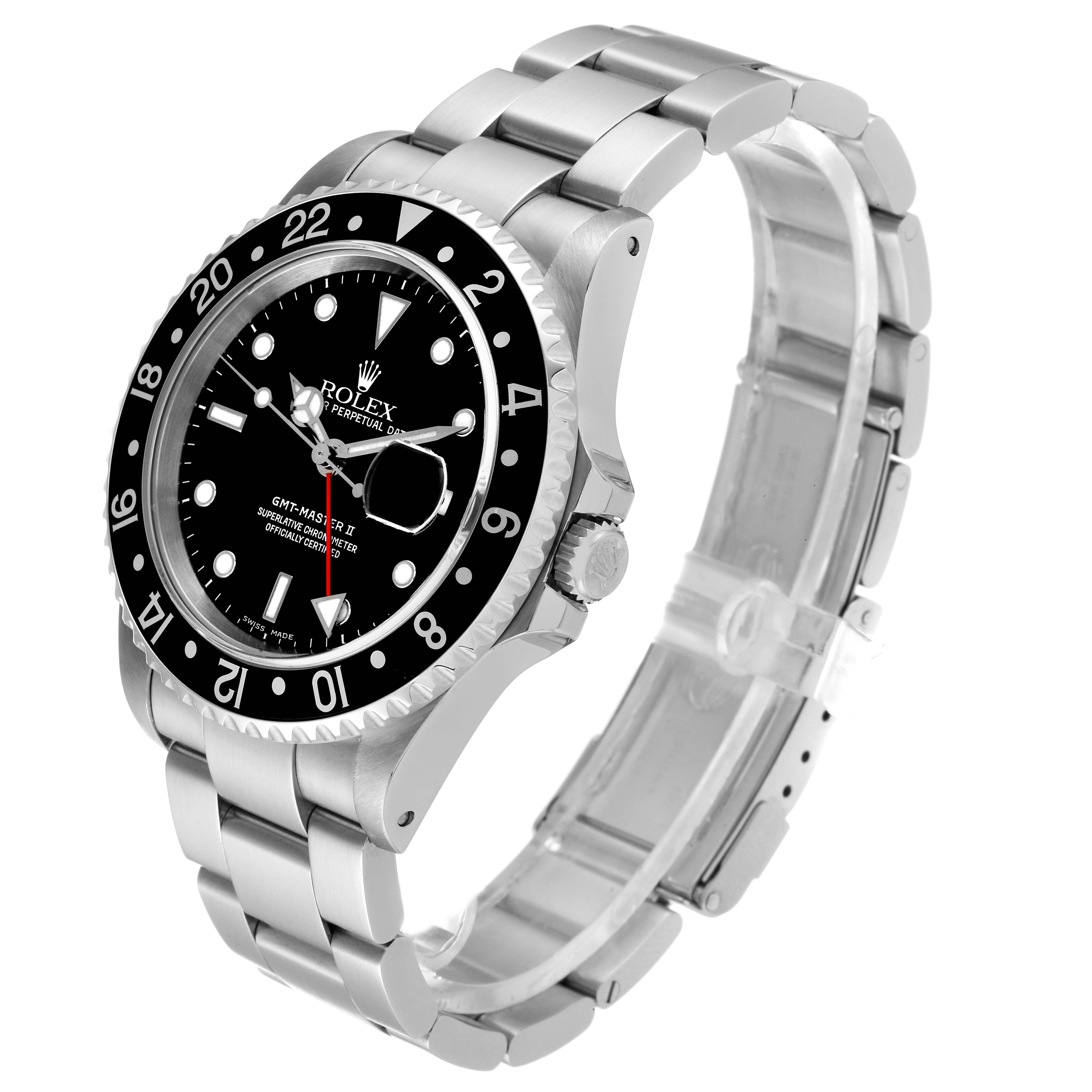 The Rolex GMT-Master 16710 Men
s Stainless Steel Black Dial 16710 Men
s Stainless Steel Black Dial watch is shown at a three-quarter angle, highlighting the face, bezel, and bracelet.