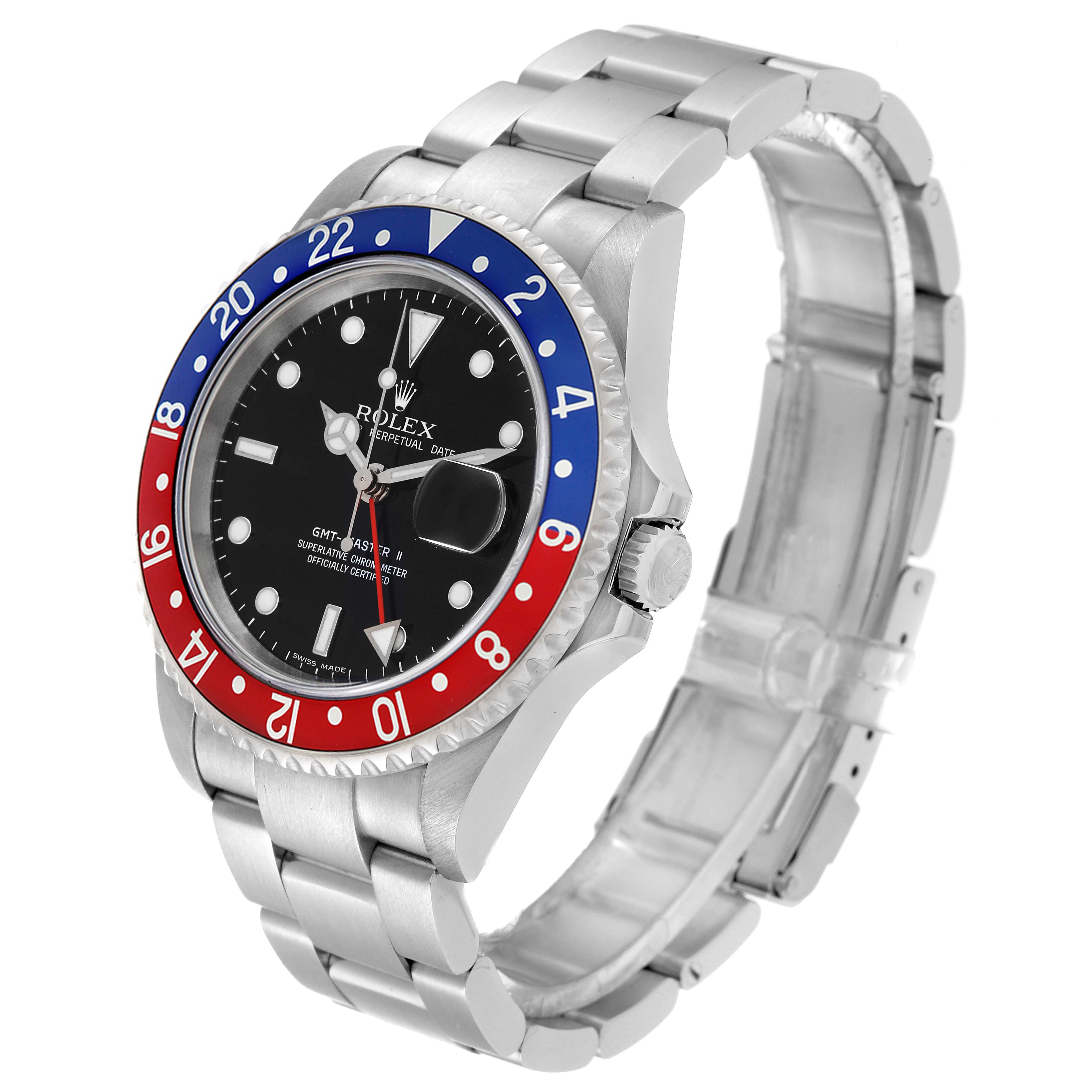This is a side-angle view of a Rolex GMT-Master 16710 Men's Stainless Steel Black Dial 16710 Men's Stainless Steel Black Dial watch, showcasing the face, bezel, and bracelet.