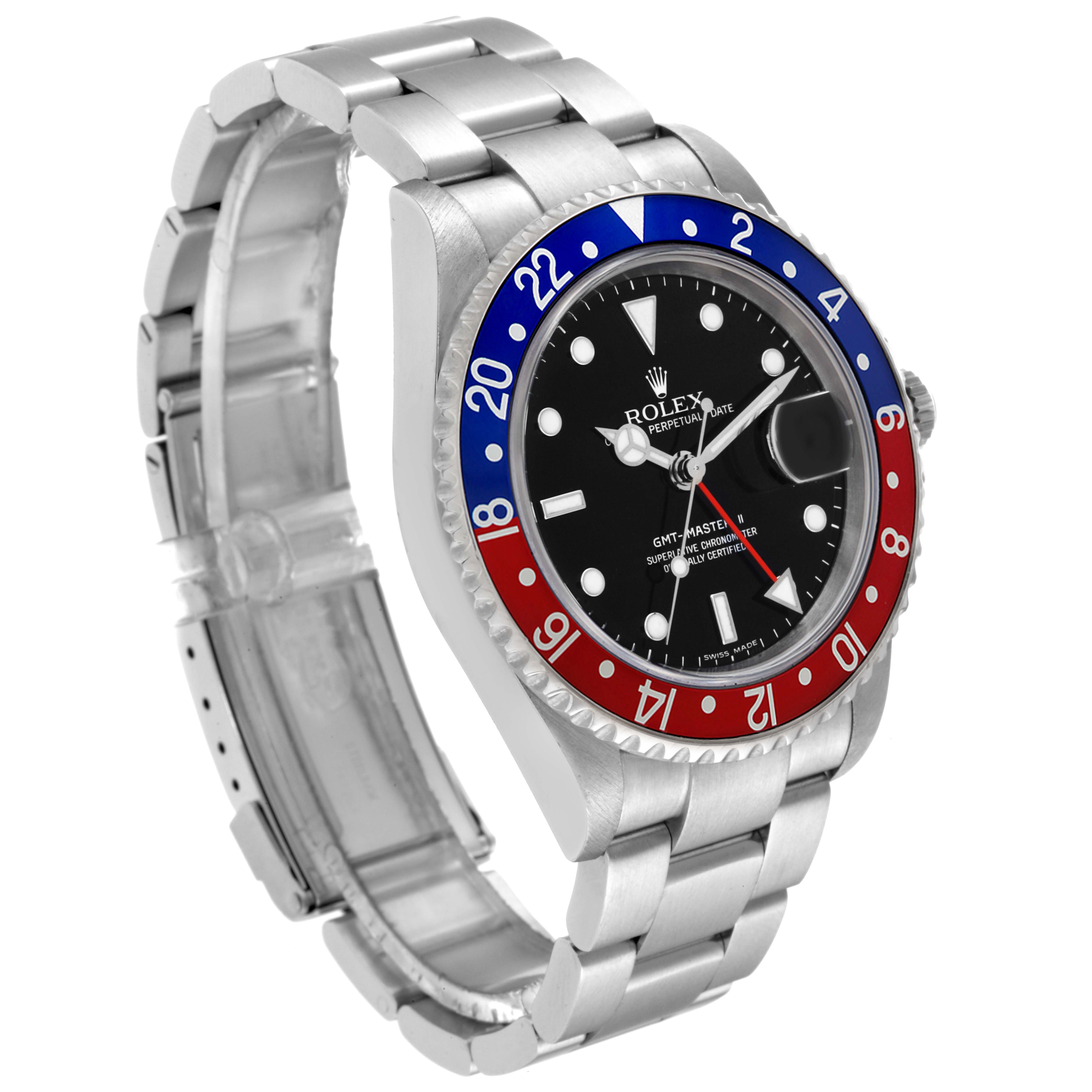The image shows a three-quarter angle of the Rolex GMT-Master 16710 Men's Stainless Steel Black Dial 16710 Men's Stainless Steel Black Dial, highlighting the bezel, face, and stainless steel bracelet.