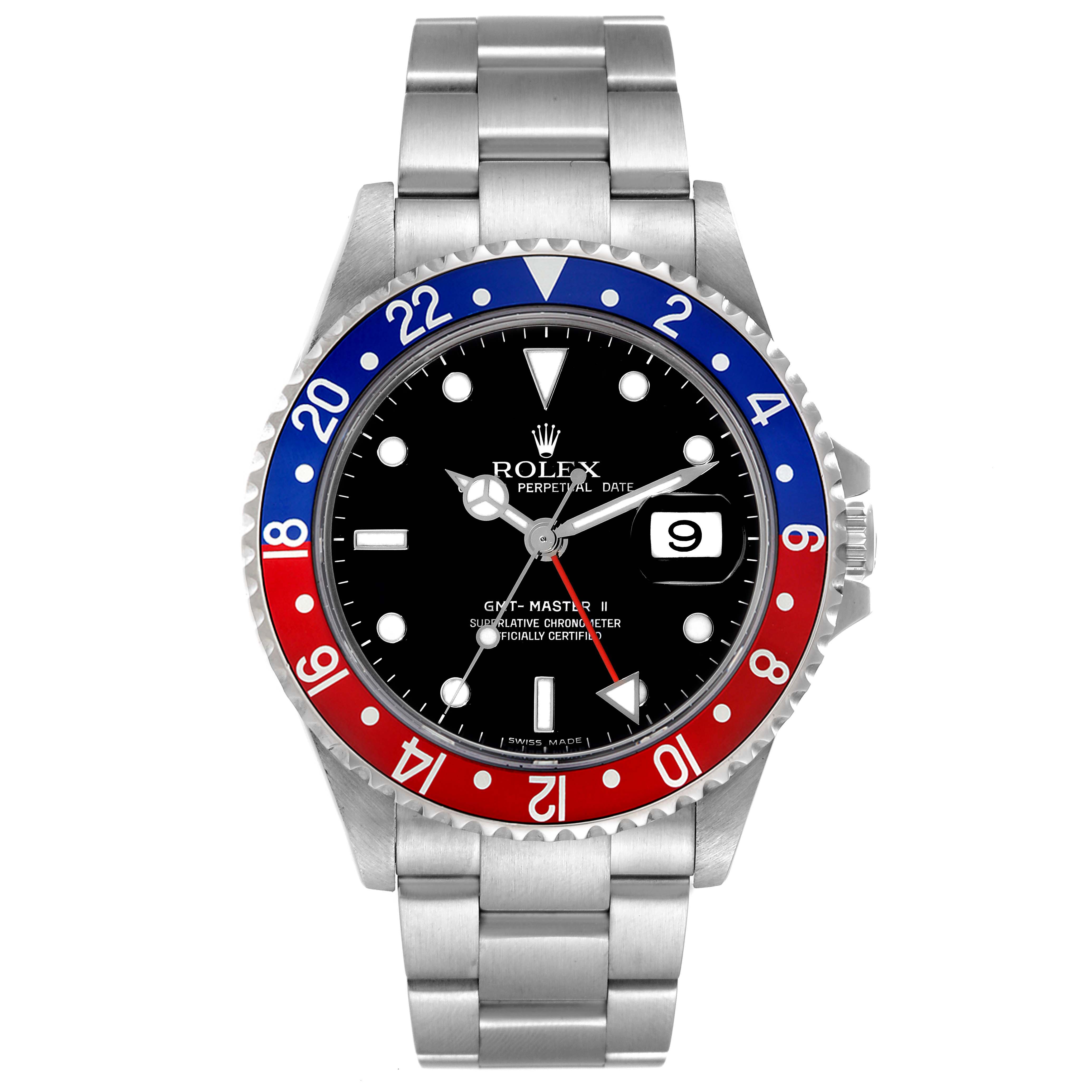 This image shows a front view of the Rolex GMT-Master 16710 Men's Stainless Steel Black Dial 16710 Men's Stainless Steel Black Dial watch, featuring the bezel, dial, and bracelet.