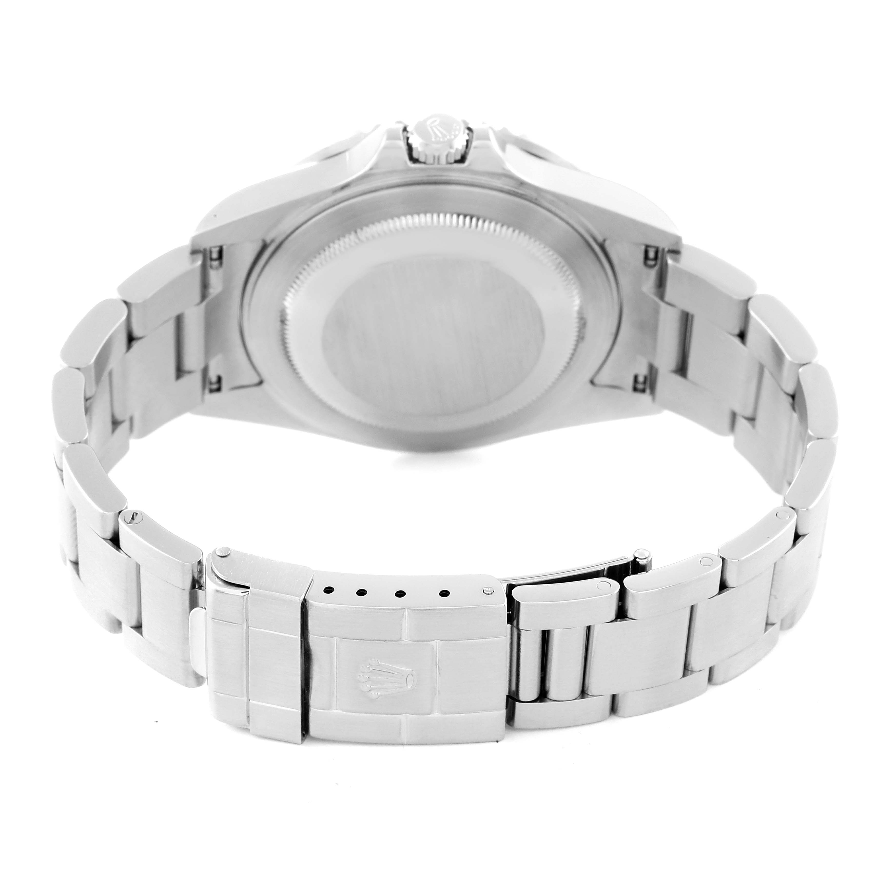 This image shows the back case and clasp of a Rolex GMT-Master 16710 Men's Stainless Steel Black Dial 16710 Men's Stainless Steel Black Dial watch, viewed from the rear angle.