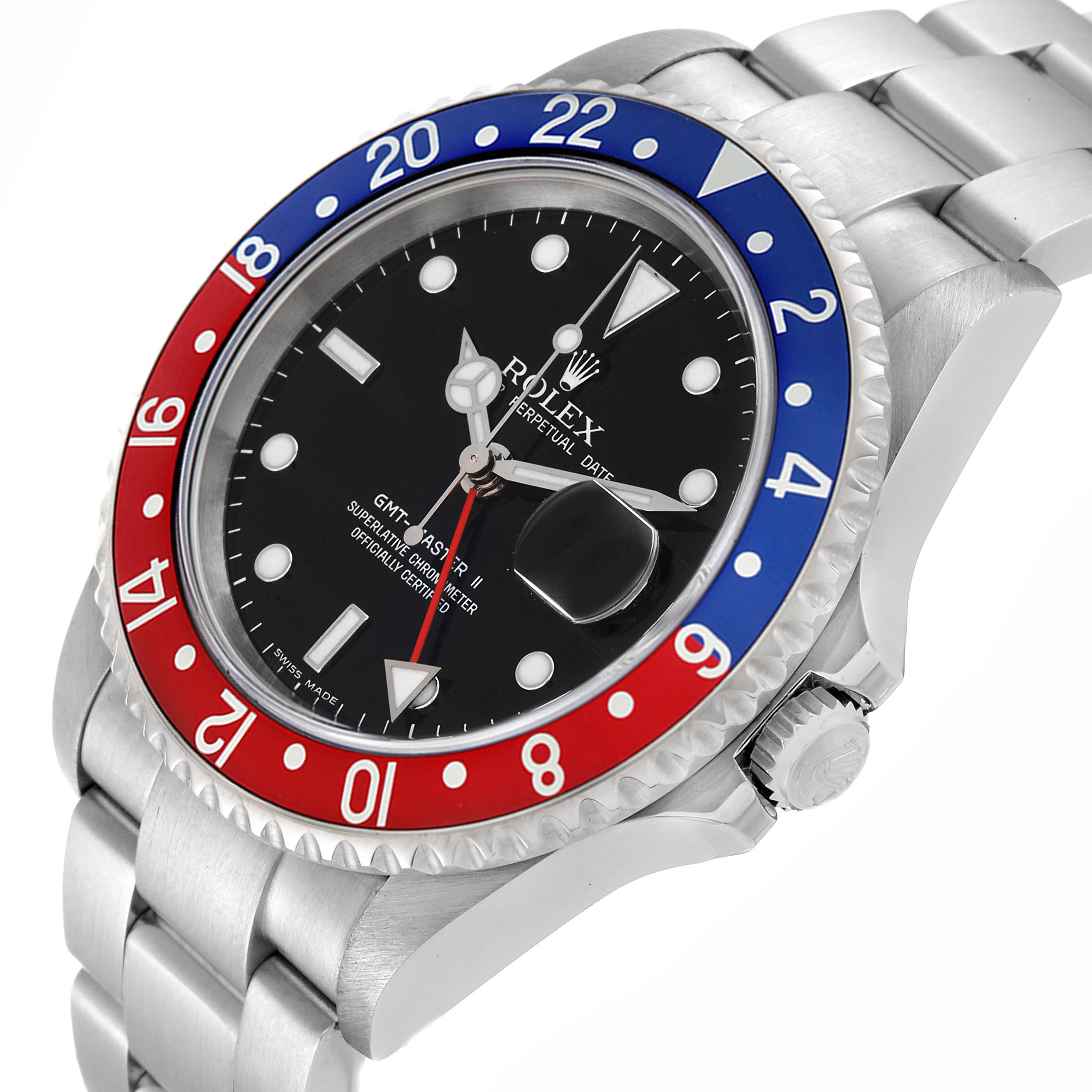 The image shows the face, bezel, and bracelet of the Rolex GMT-Master 16710 Men's Stainless Steel Black Dial 16710 Men's Stainless Steel Black Dial watch at a slight angle.