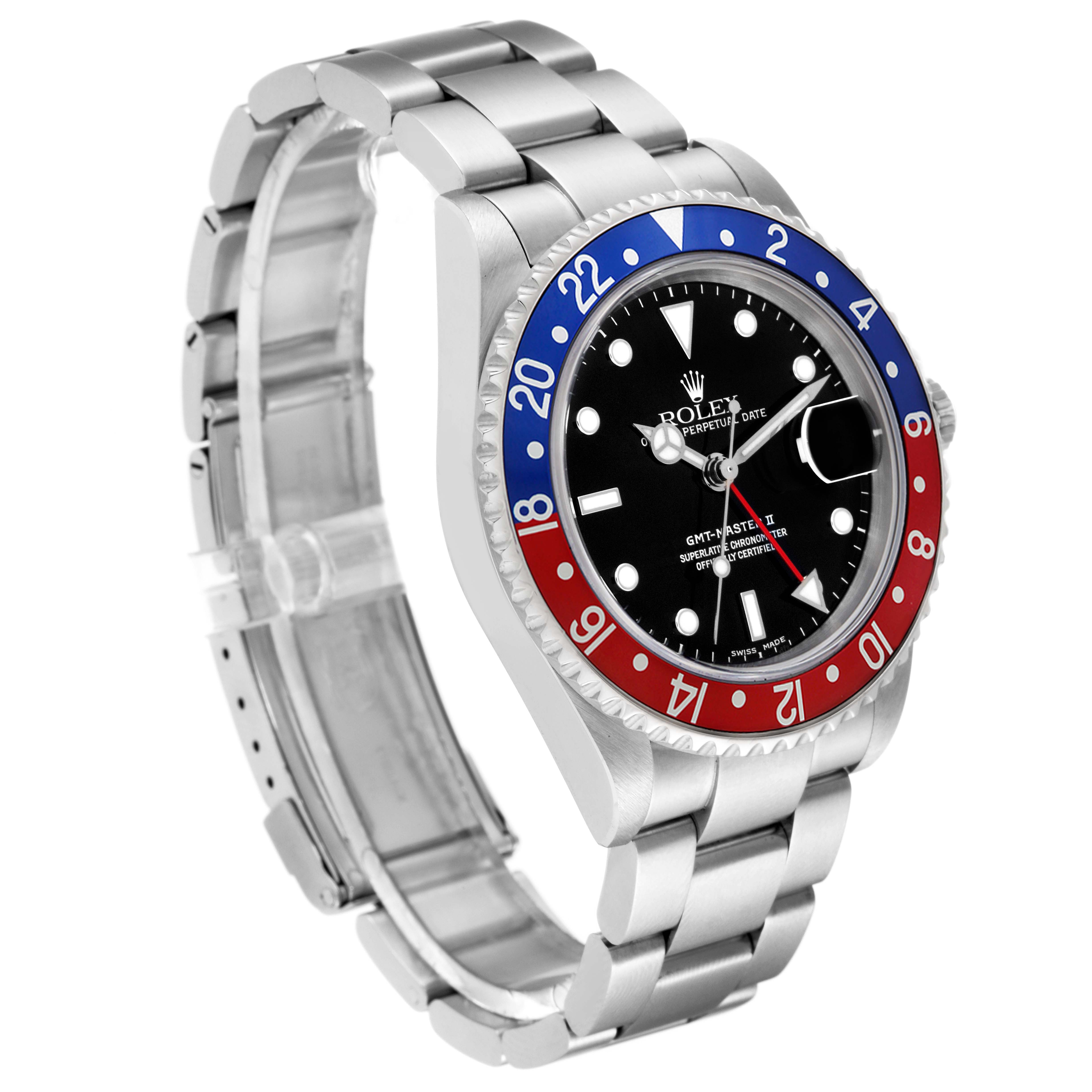 The Rolex GMT-Master 16710 Men's Stainless Steel Black Dial 16710 Men's Stainless Steel Black Dial watch is shown at a slight angle from the front left, highlighting its bezel, dial, and bracelet.