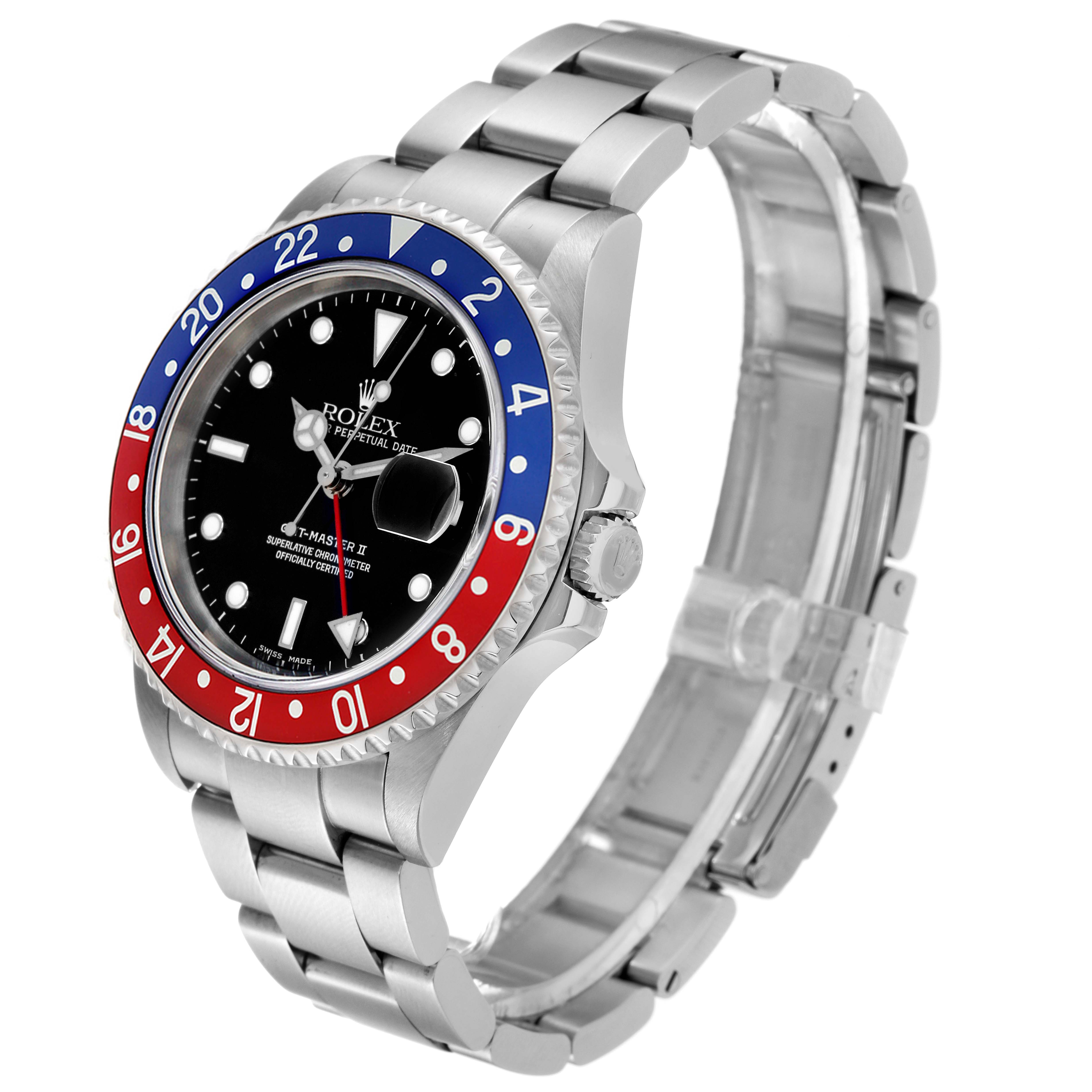 The Rolex GMT-Master 16710 Men's Stainless Steel Black Dial 16710 Men's Stainless Steel Black Dial watch is shown at a 3/4 angle, displaying its face, bezel, and bracelet.