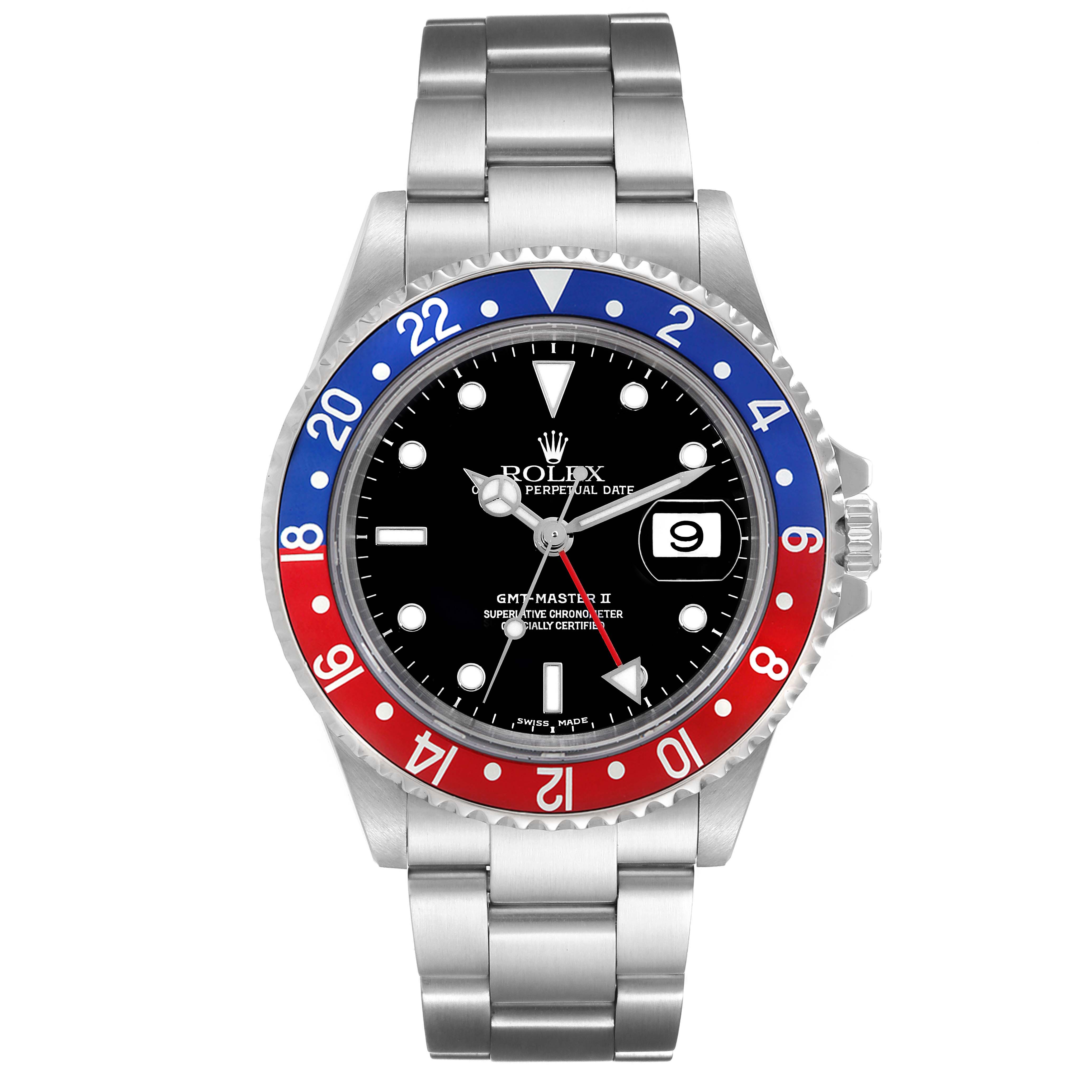 This Rolex GMT-Master 16710 Men's Stainless Steel Black Dial 16710 Men's Stainless Steel Black Dial II watch is shown from a straight-on angle, highlighting the face, bezel, and bracelet.