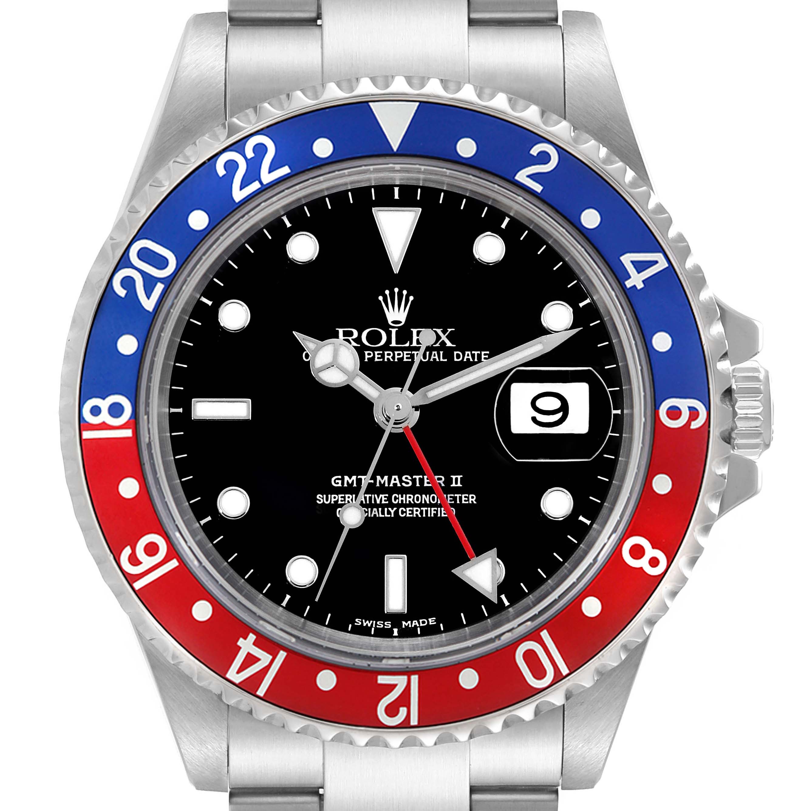 The image shows a frontal view of a Rolex GMT-Master 16710 Men's Stainless Steel Black Dial 16710 Men's Stainless Steel Black Dial II watch, highlighting its dial, bezel, and crown with date display.