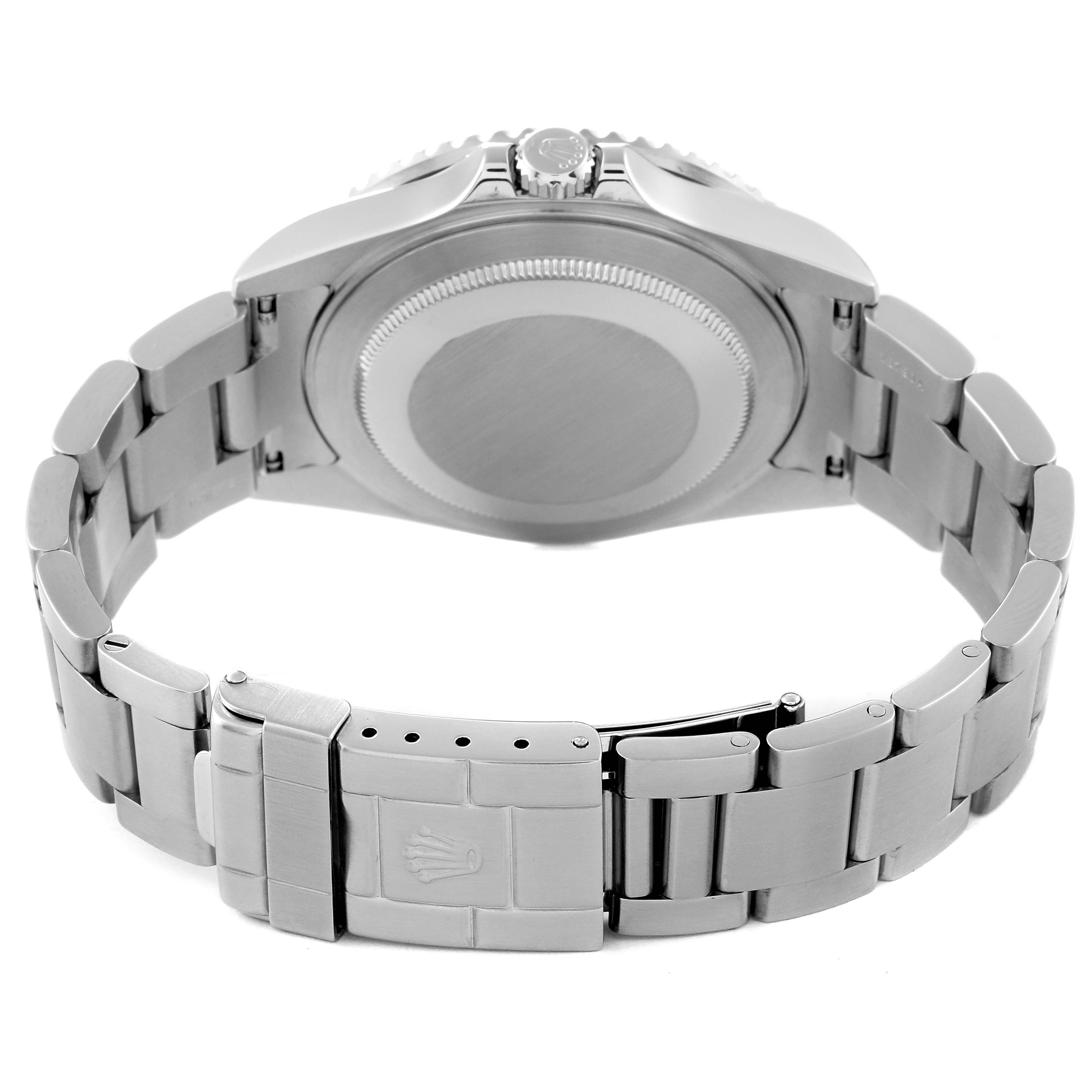 This is a rear view of the Rolex GMT-Master 16710 Men's Stainless Steel Black Dial 16710 Men's Stainless Steel Black Dial watch, showing the bracelet, clasp, and case back.