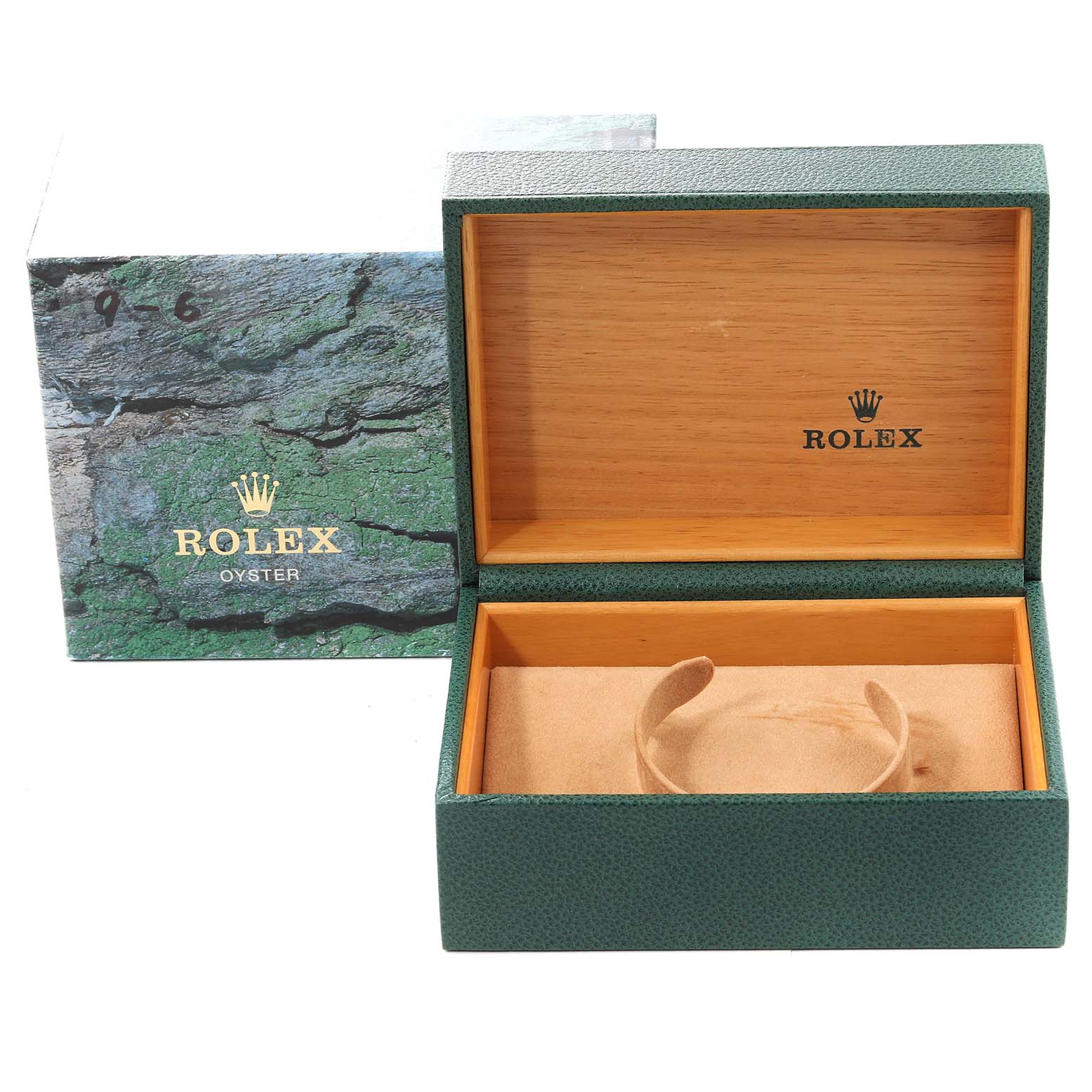 The image shows an open Rolex GMT-Master 16710 Men's Stainless Steel Black Dial 16710 Men's Stainless Steel Black Dial watch box with a separate outer box, displaying the brand's logo.