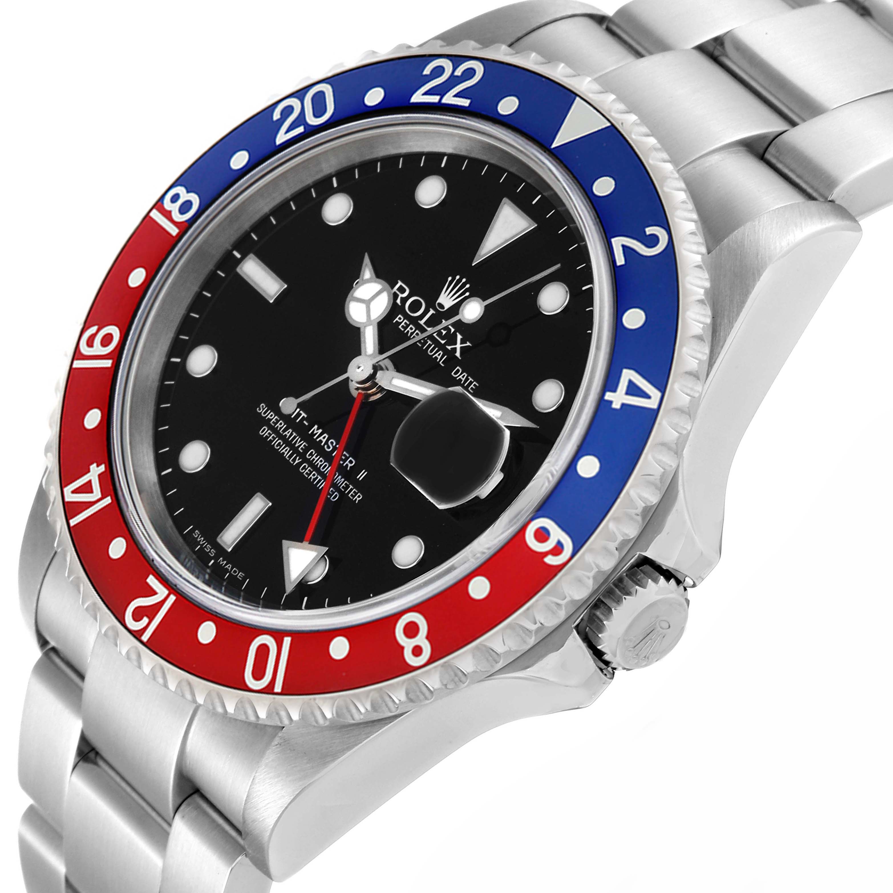 The image shows a Rolex GMT-Master 16710 Men's Stainless Steel Black Dial 16710 Men's Stainless Steel Black Dial watch at an angle highlighting the bezel, dial, and part of the bracelet.