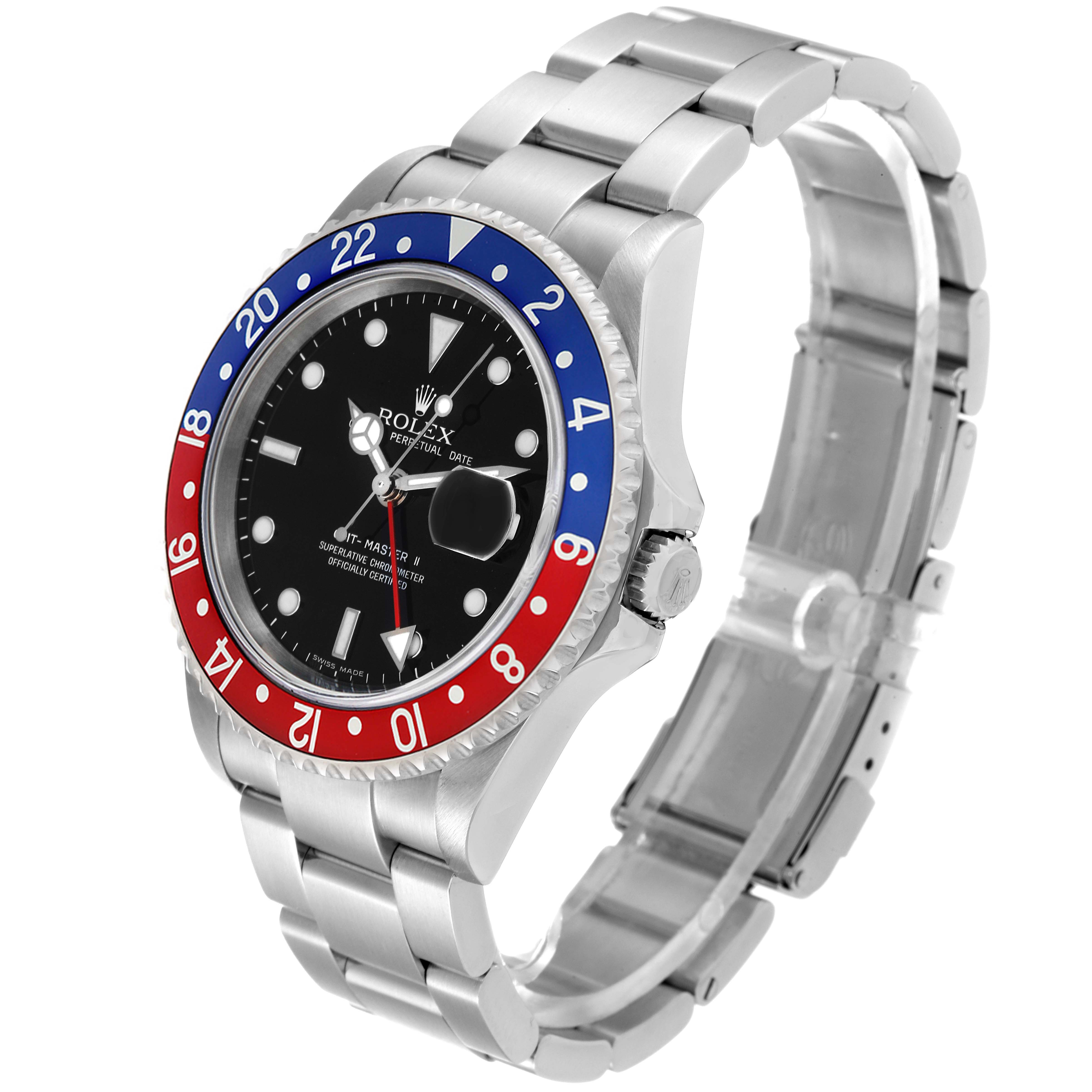 This image shows the Rolex GMT-Master 16710 Men's Stainless Steel Black Dial 16710 Men's Stainless Steel Black Dial watch from a three-quarter front angle, highlighting its bezel, dial, and bracelet.