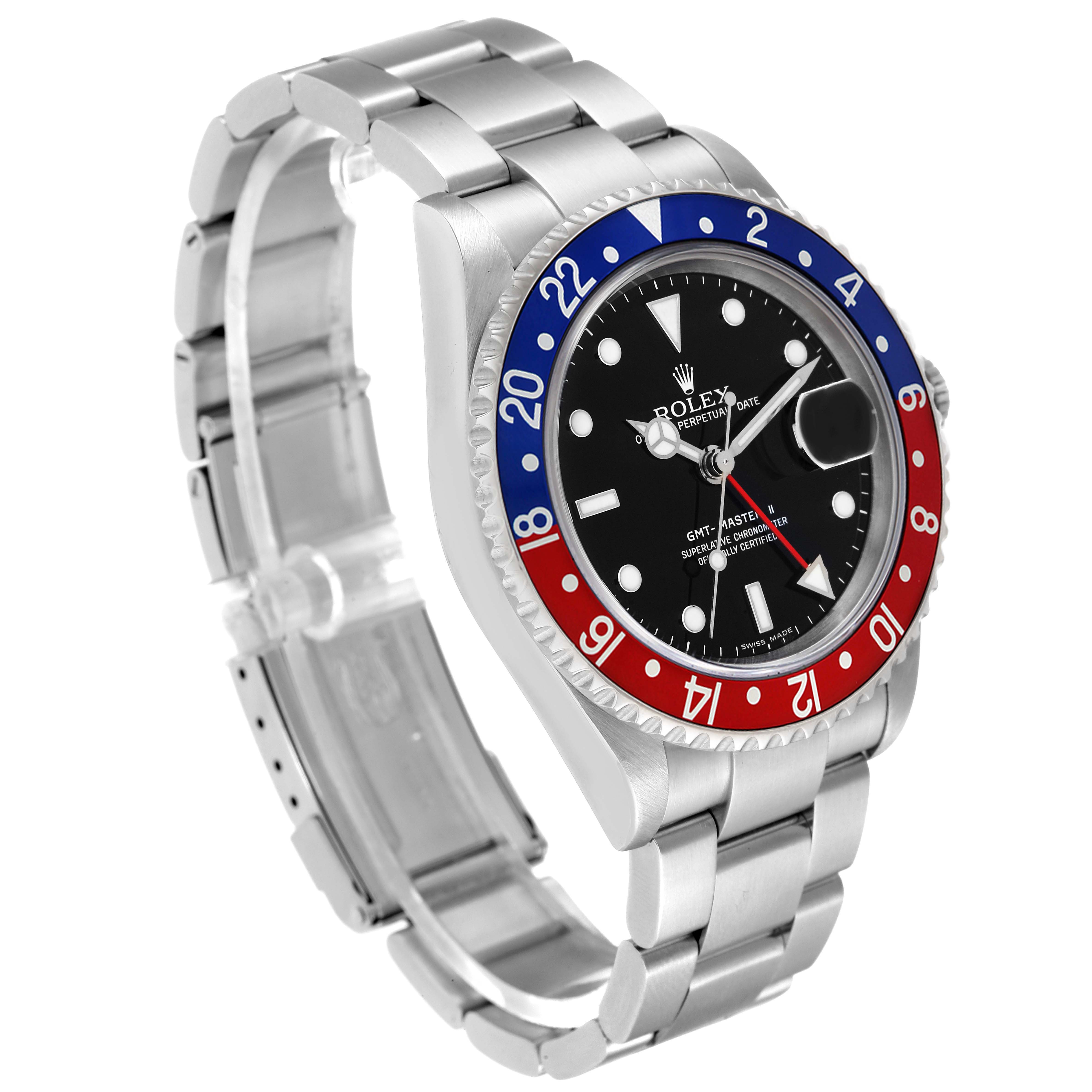 This Rolex GMT-Master 16710 Men's Stainless Steel Black Dial 16710 Men's Stainless Steel Black Dial watch is shown at a slight angle, displaying its bezel, dial, and bracelet.