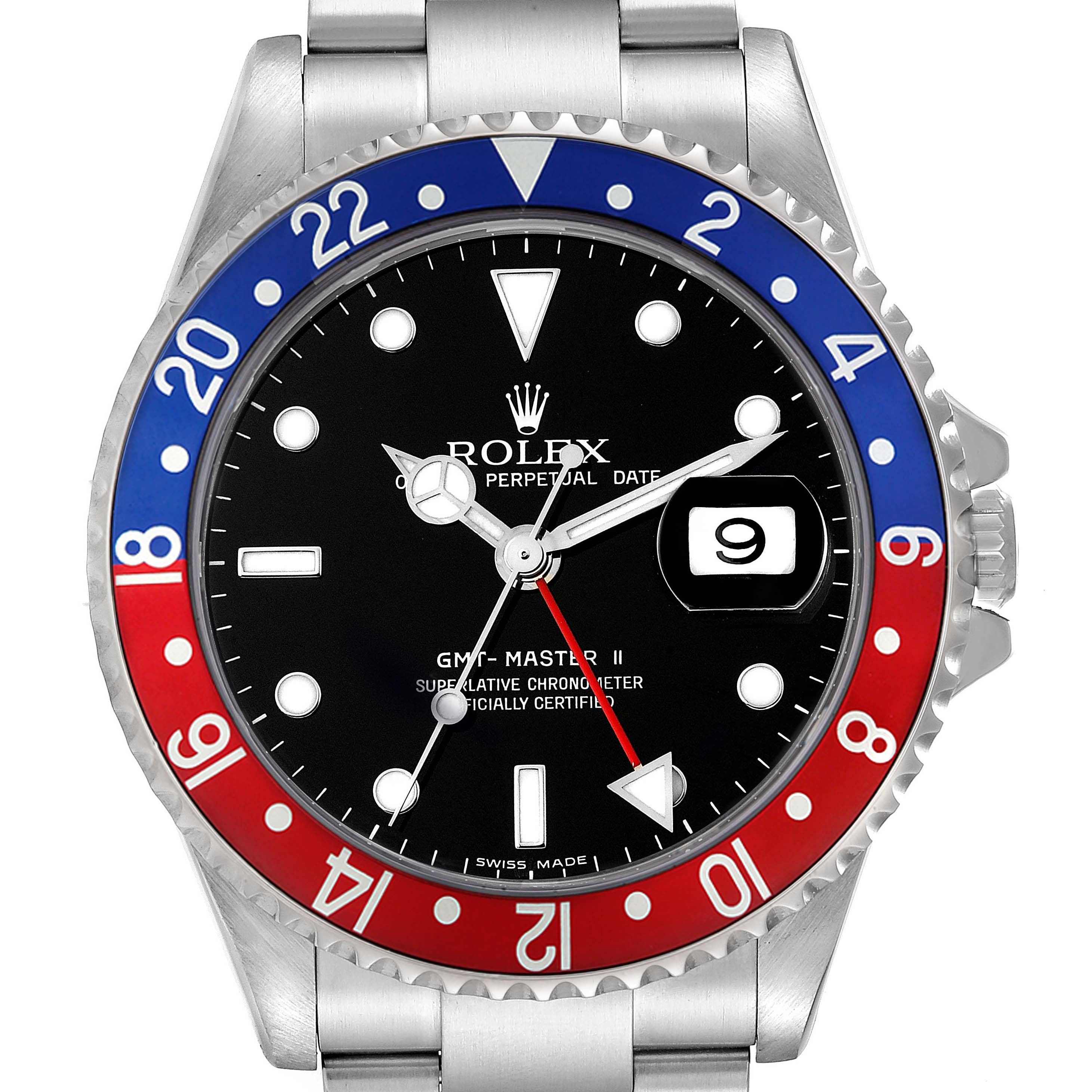 The image shows a frontal view of a Rolex GMT-Master 16710 Men's Stainless Steel Black Dial 16710 Men's Stainless Steel Black Dial II watch, highlighting its face, bezel, hands, and bracelet.