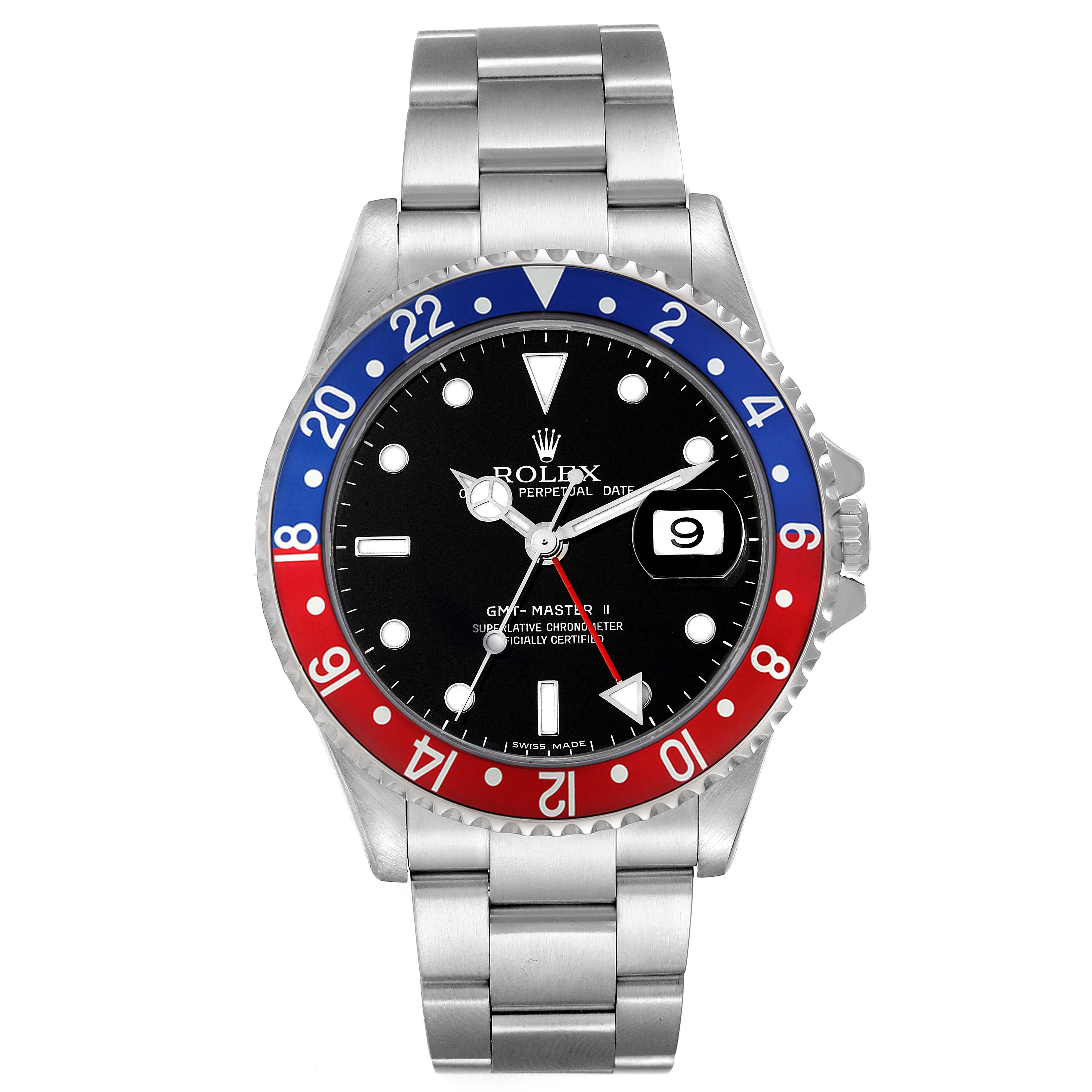 This image shows a front view of the GMT-Master II model by Rolex, showcasing its bezel, dial, and bracelet.
