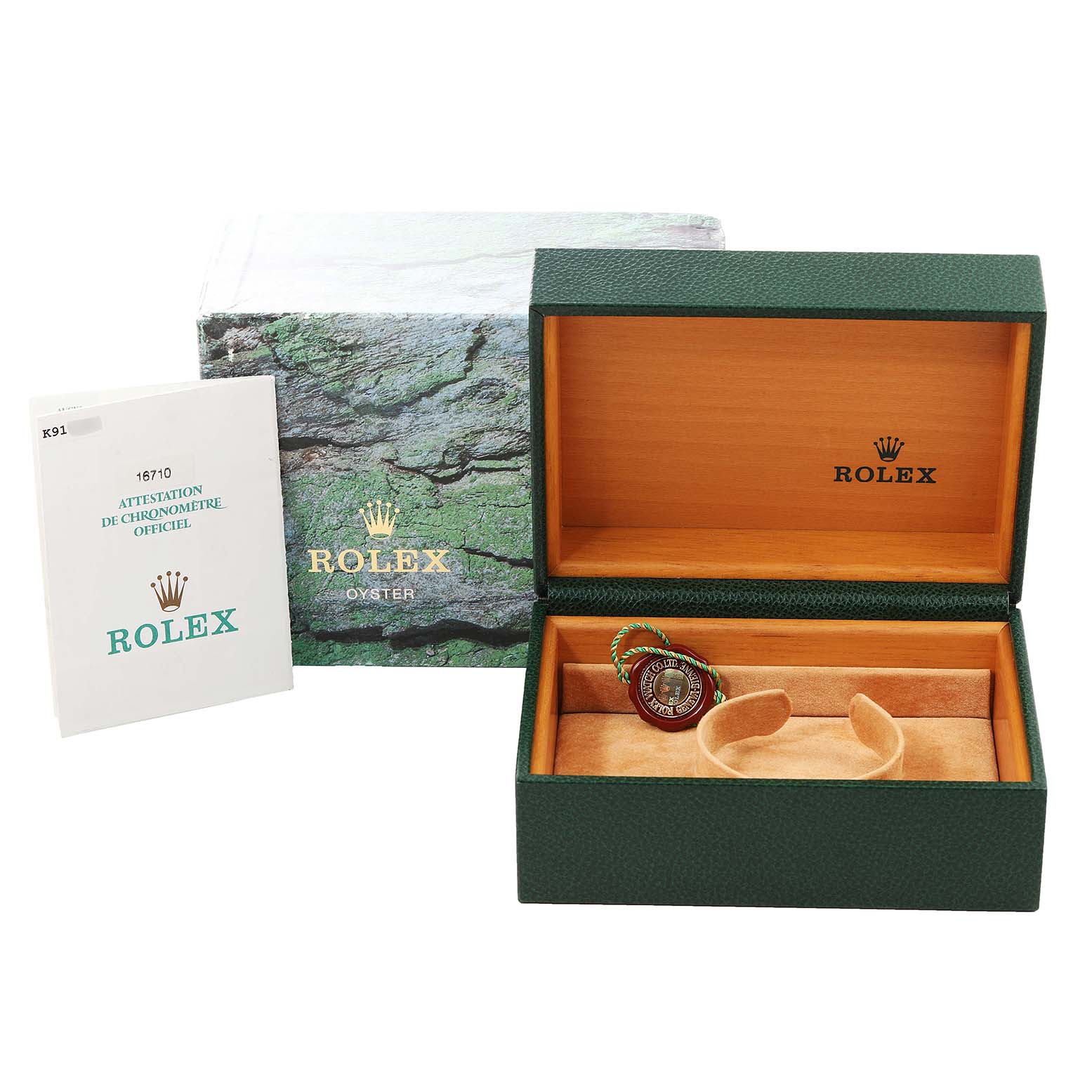 The image shows a Rolex GMT-Master 16710 Men
s Stainless Steel Black Dial 16710 Men
s Stainless Steel Black Dial watch box, an open Rolex Oyster display box, and documentation.