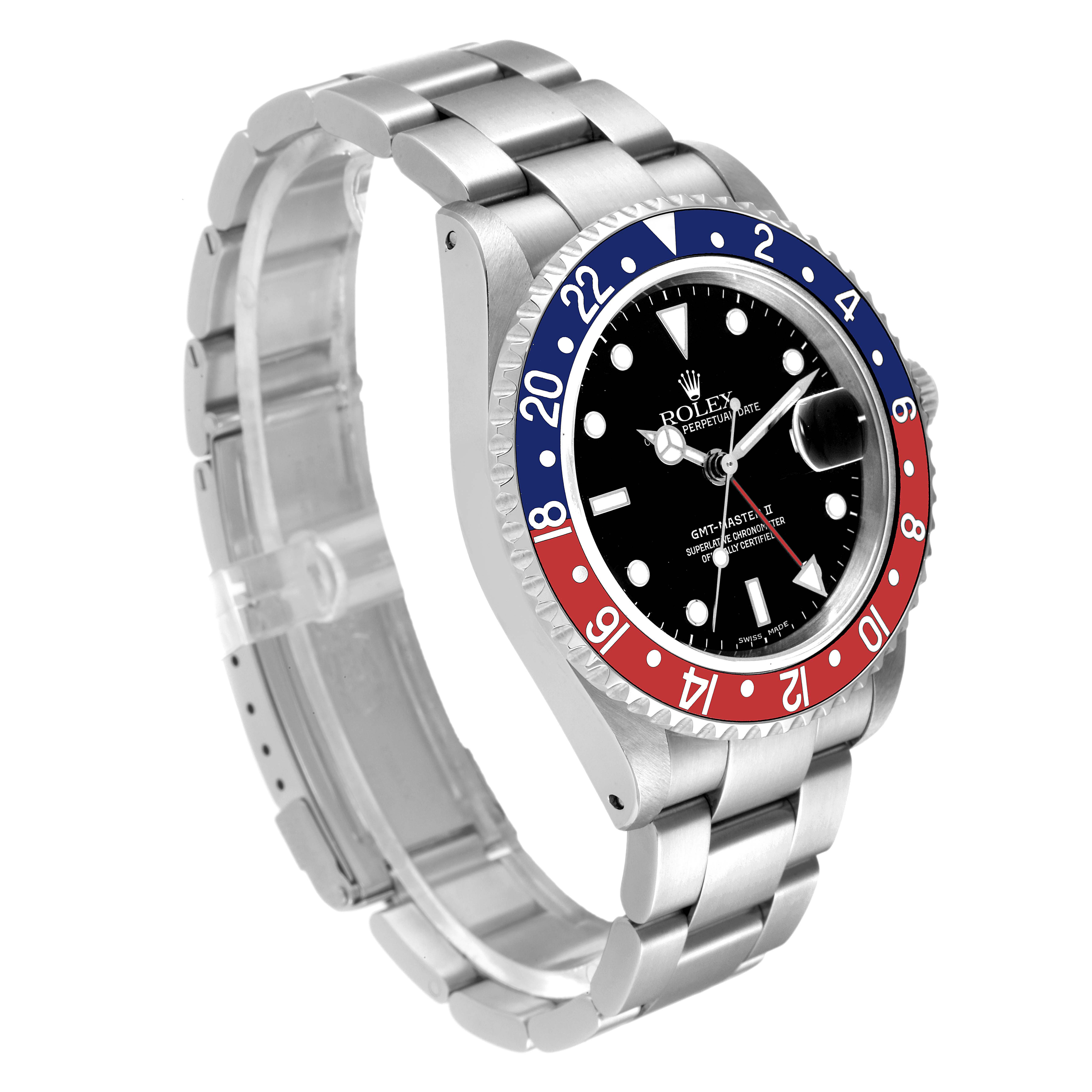 The Rolex GMT-Master 16710 Men
s Stainless Steel Black Dial 16710 Men
s Stainless Steel Black Dial watch is shown at a three-quarter angle, displaying its face, bezel, and metal bracelet.