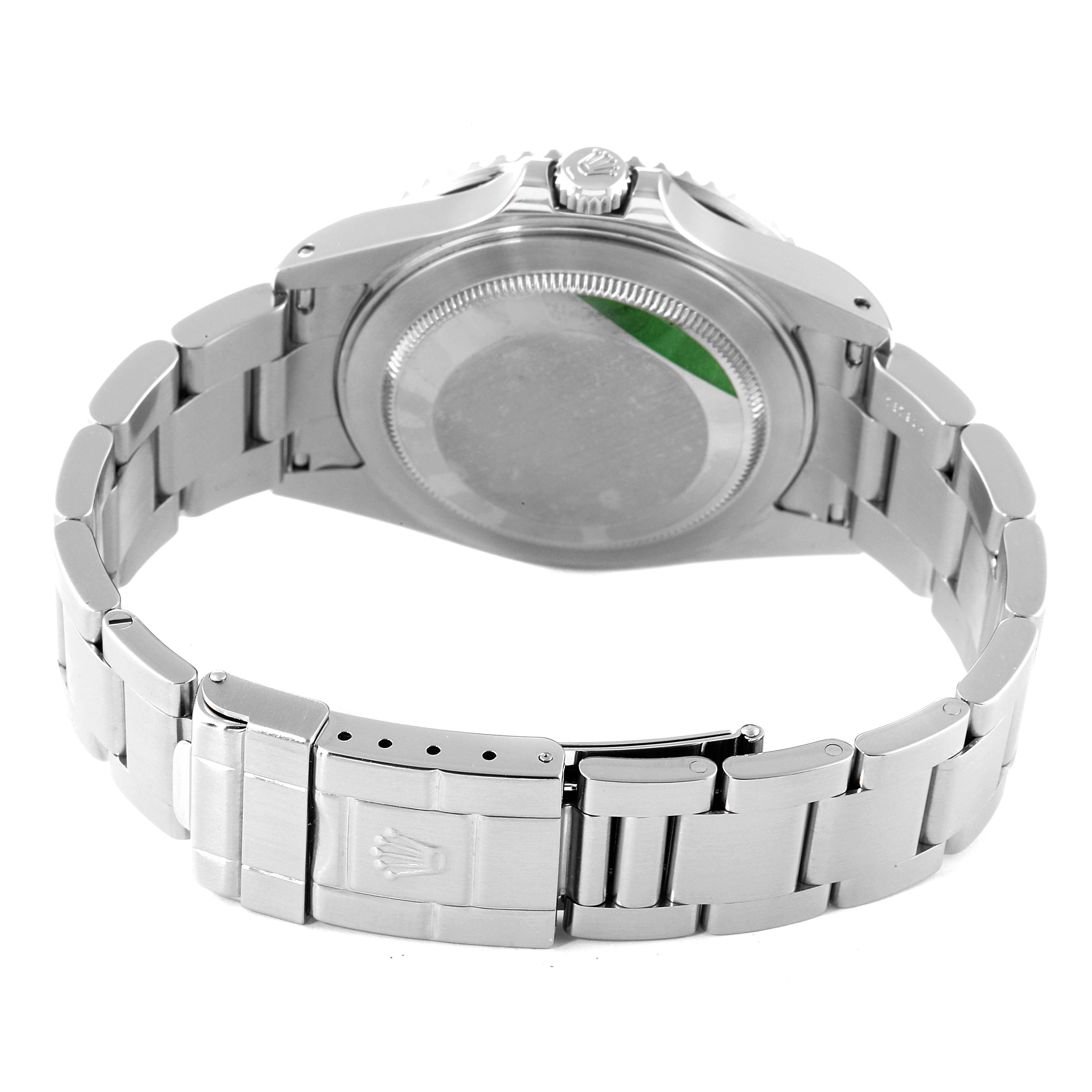 This image shows the back view of the Rolex GMT-Master 16710 Men
s Stainless Steel Black Dial 16710 Men
s Stainless Steel Black Dial watch, highlighting its case back, bracelet, and clasp.