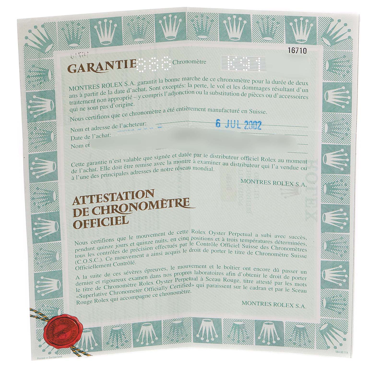 This image shows the warranty and certificate paper for the Rolex GMT-Master 16710 Men
s Stainless Steel Black Dial 16710 Men
s Stainless Steel Black Dial model.