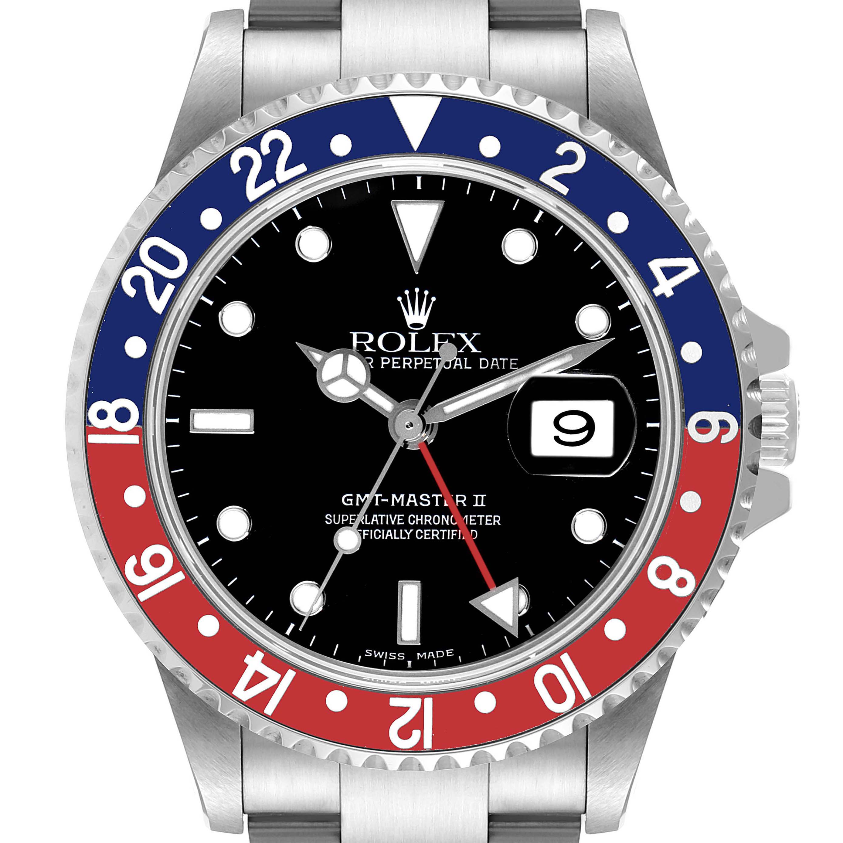 The image shows a front view of a Rolex GMT-Master 16710 Men
s Stainless Steel Black Dial 16710 Men
s Stainless Steel Black Dial II watch, highlighting its bezel, dial, hands, and date function.