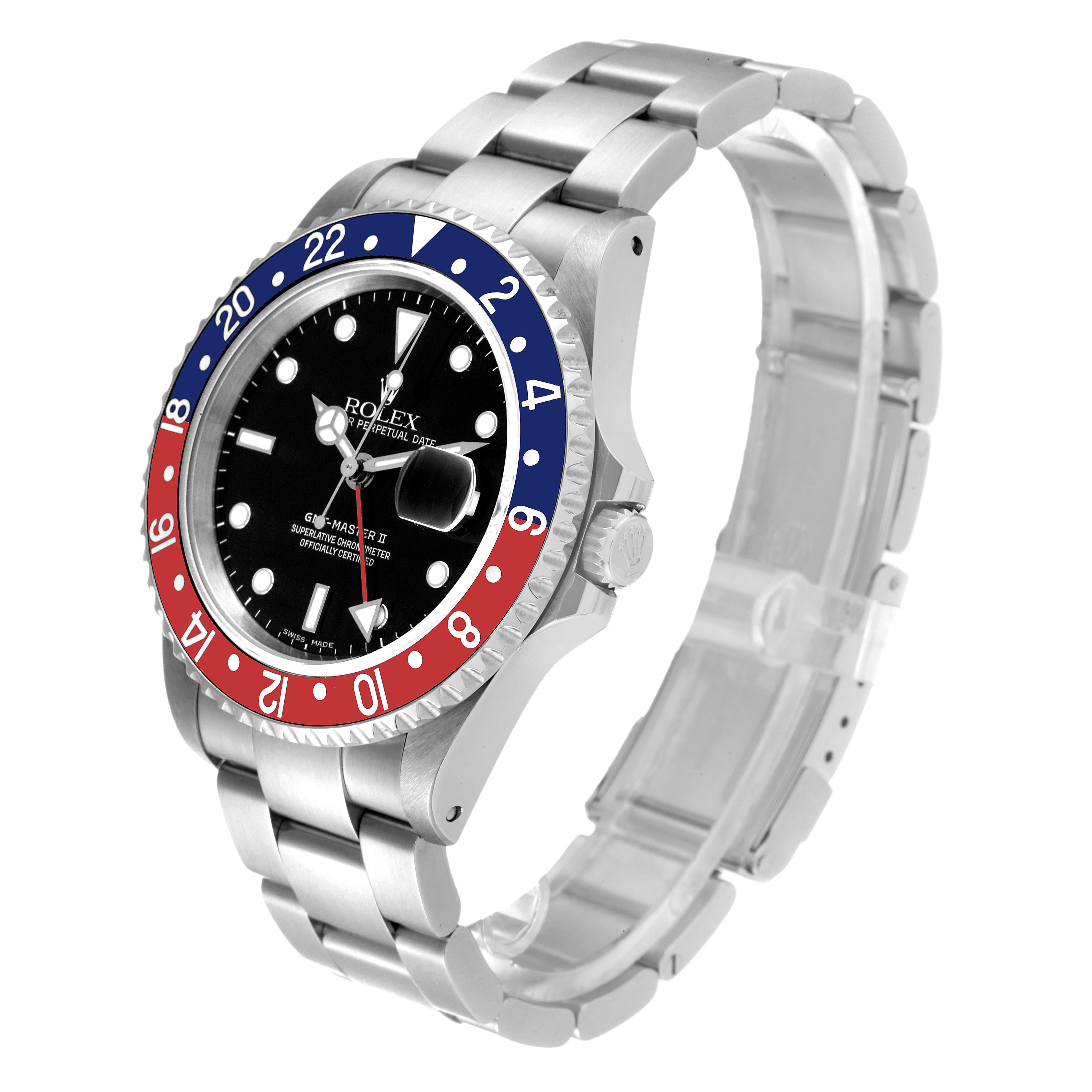 The image shows a Rolex GMT-Master 16710 Men
s Stainless Steel Black Dial 16710 Men
s Stainless Steel Black Dial watch from a three-quarter angle displaying the face, bezel, and bracelet.