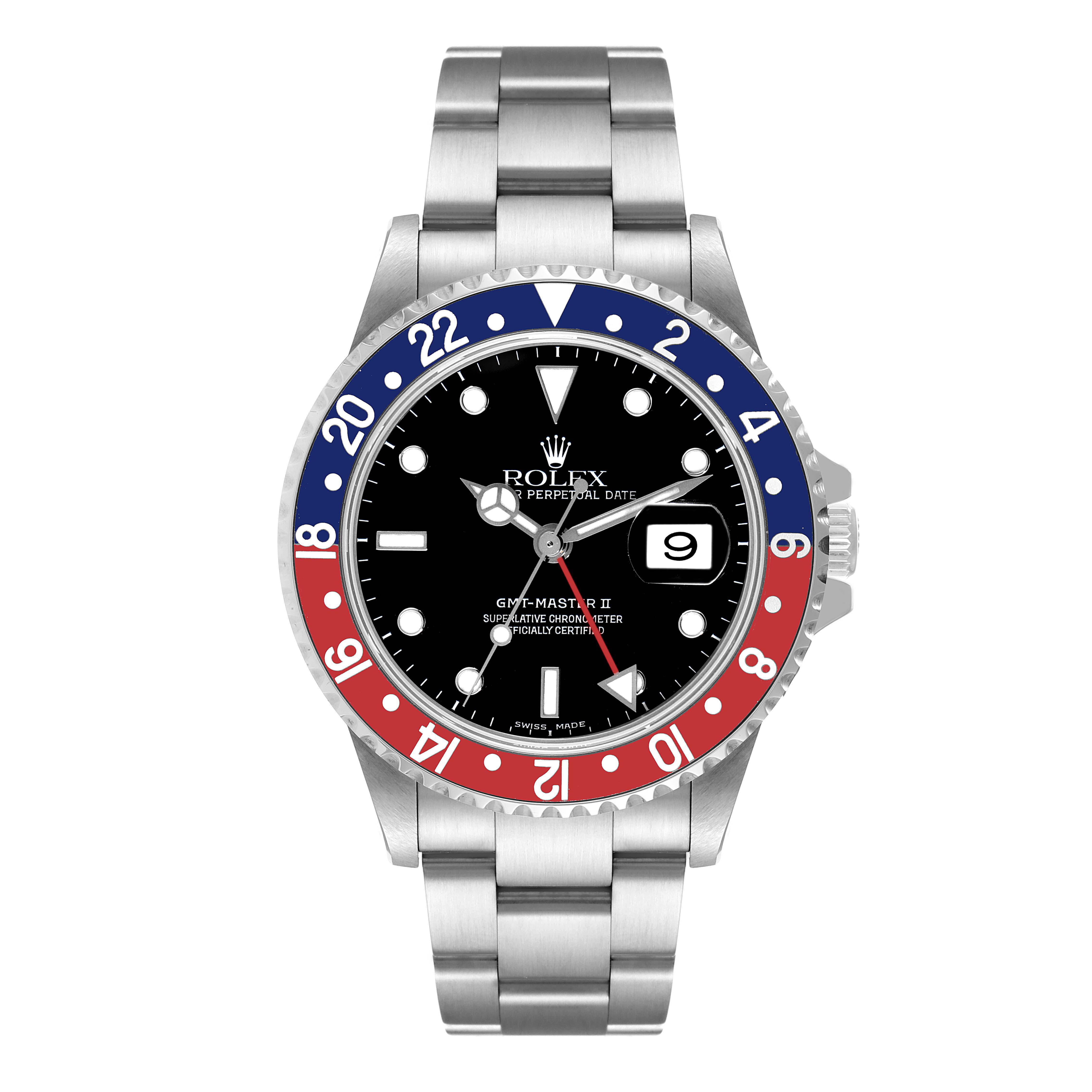 This image shows a frontal view of the Rolex GMT-Master 16710 Men
s Stainless Steel Black Dial 16710 Men
s Stainless Steel Black Dial watch, highlighting its bezel, dial, and bracelet.