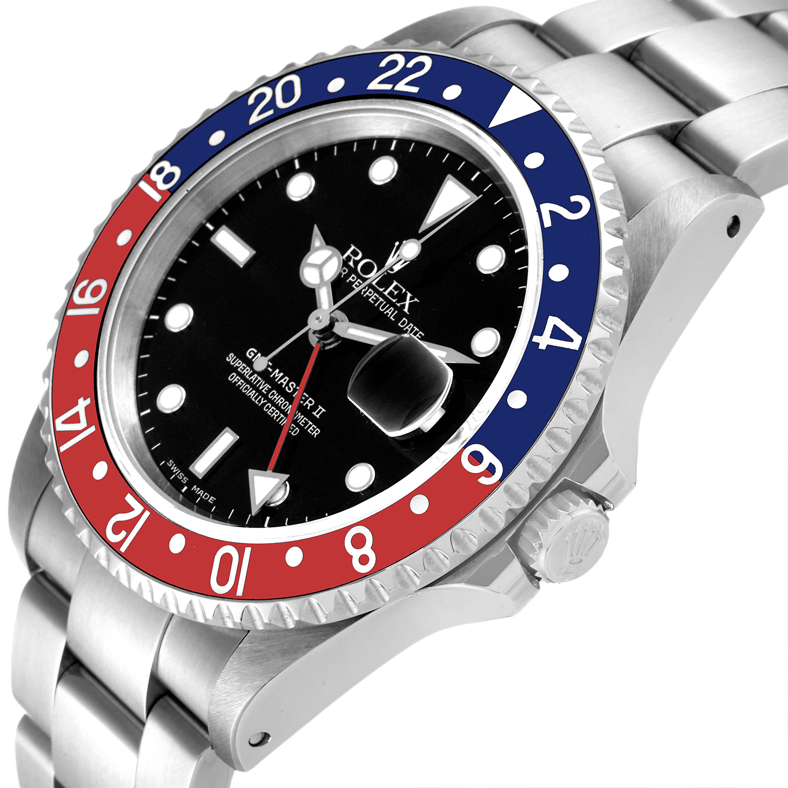 The image shows a partial side and front angle of the Rolex GMT-Master 16710 Men
s Stainless Steel Black Dial 16710 Men
s Stainless Steel Black Dial II watch, highlighting its bezel, dial, and metal bracelet.