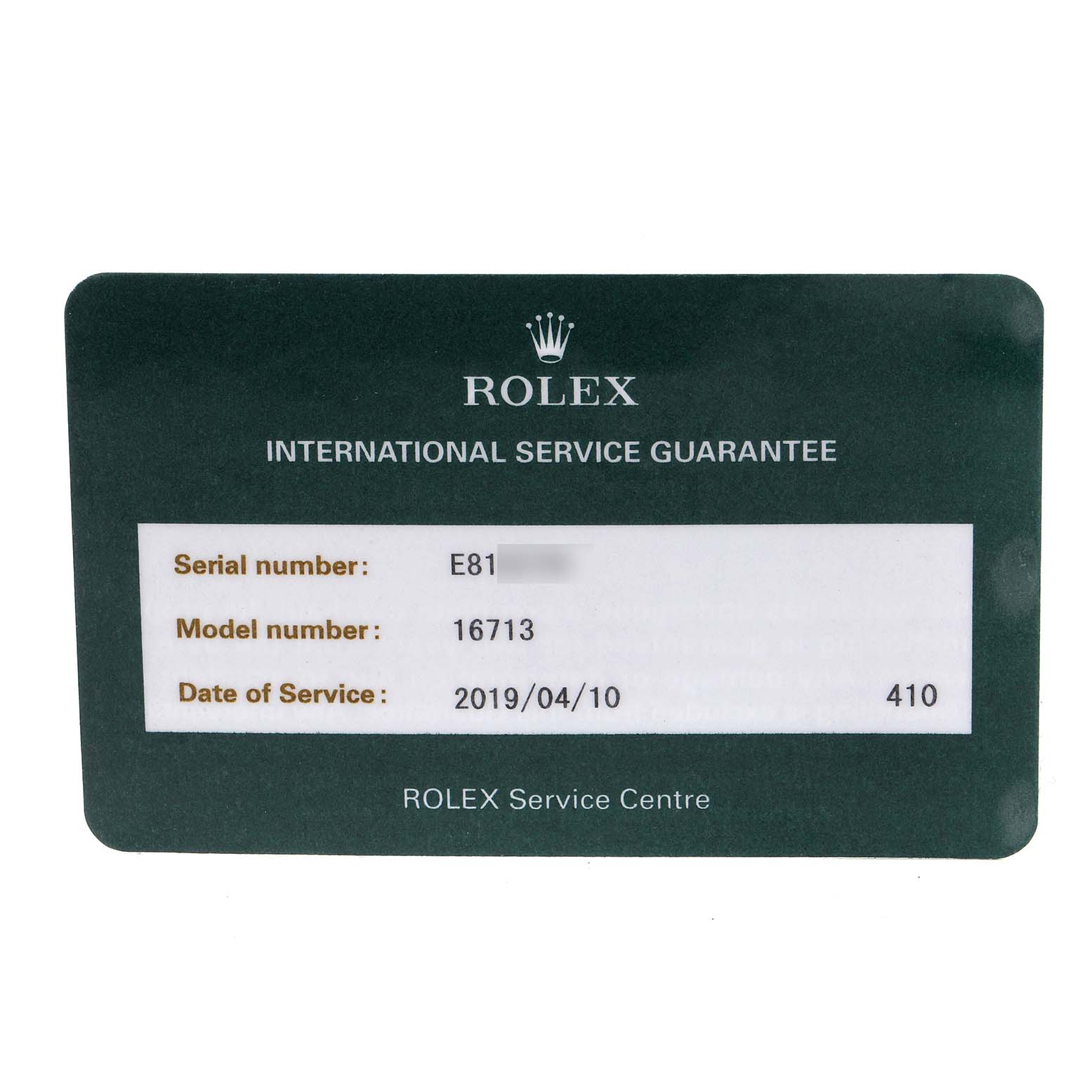This image shows a Rolex International Service Guarantee card for the GMT-Master model.