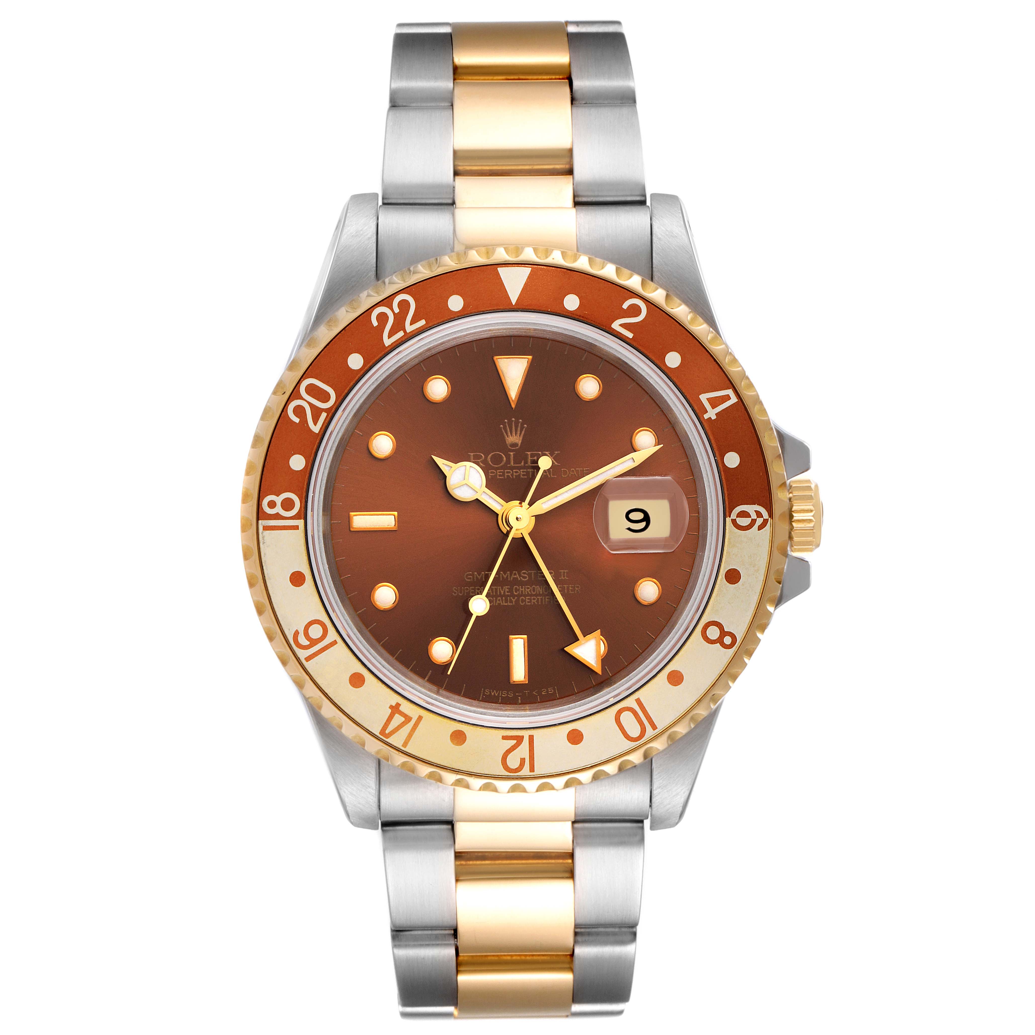The image shows a front view of a Rolex GMT-Master 16713 Men's Steel and Gold (two tone) Brown Dial 16713 Men's Steel and Gold (two tone) Brown Dial watch, featuring a brown dial, two-tone bezel, and a two-tone metal bracelet.