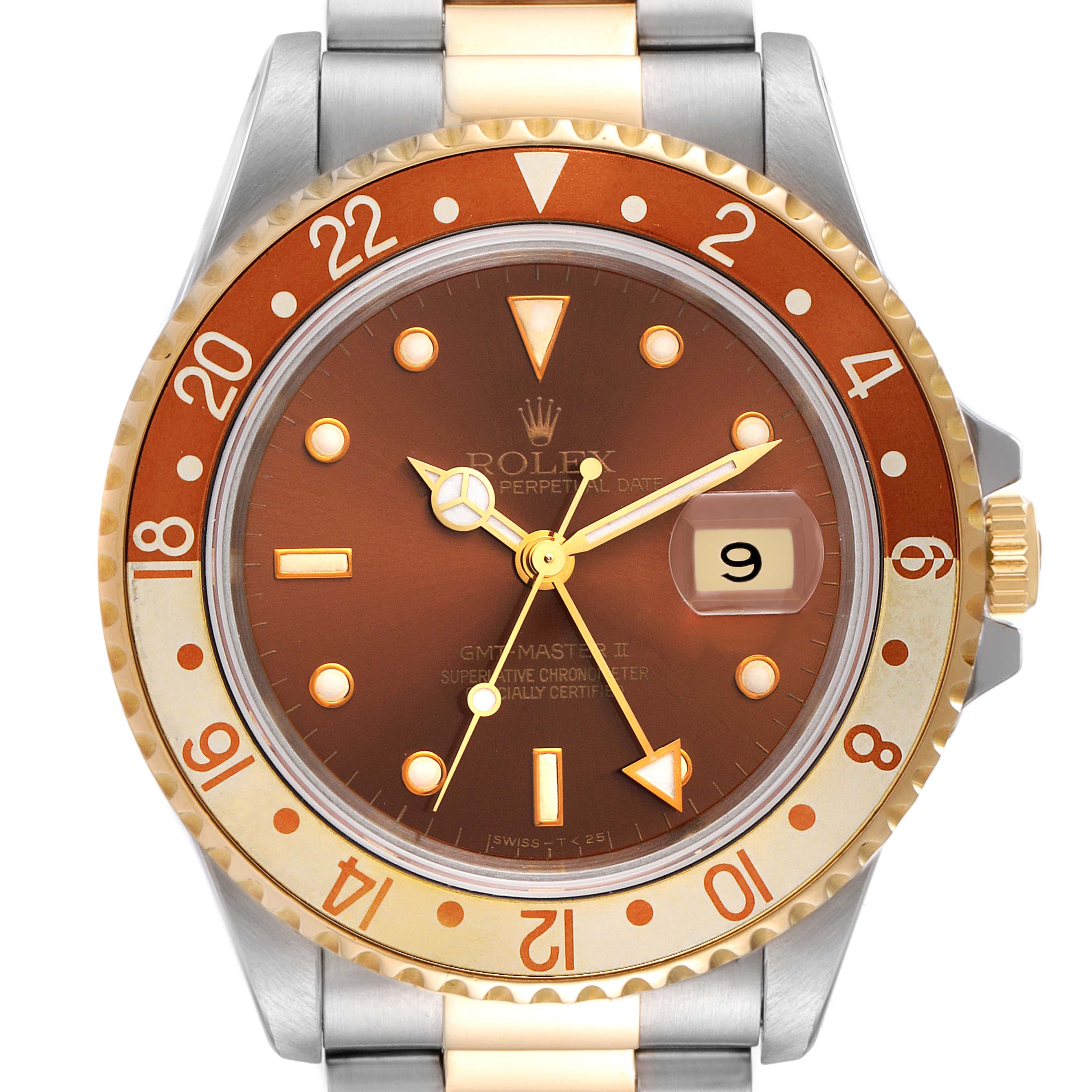 The image shows a frontal view of a Rolex GMT-Master 16713 Men's Steel and Gold (two tone) Brown Dial 16713 Men's Steel and Gold (two tone) Brown Dial watch, displaying the bezel, dial, hands, and part of the bracelet.
