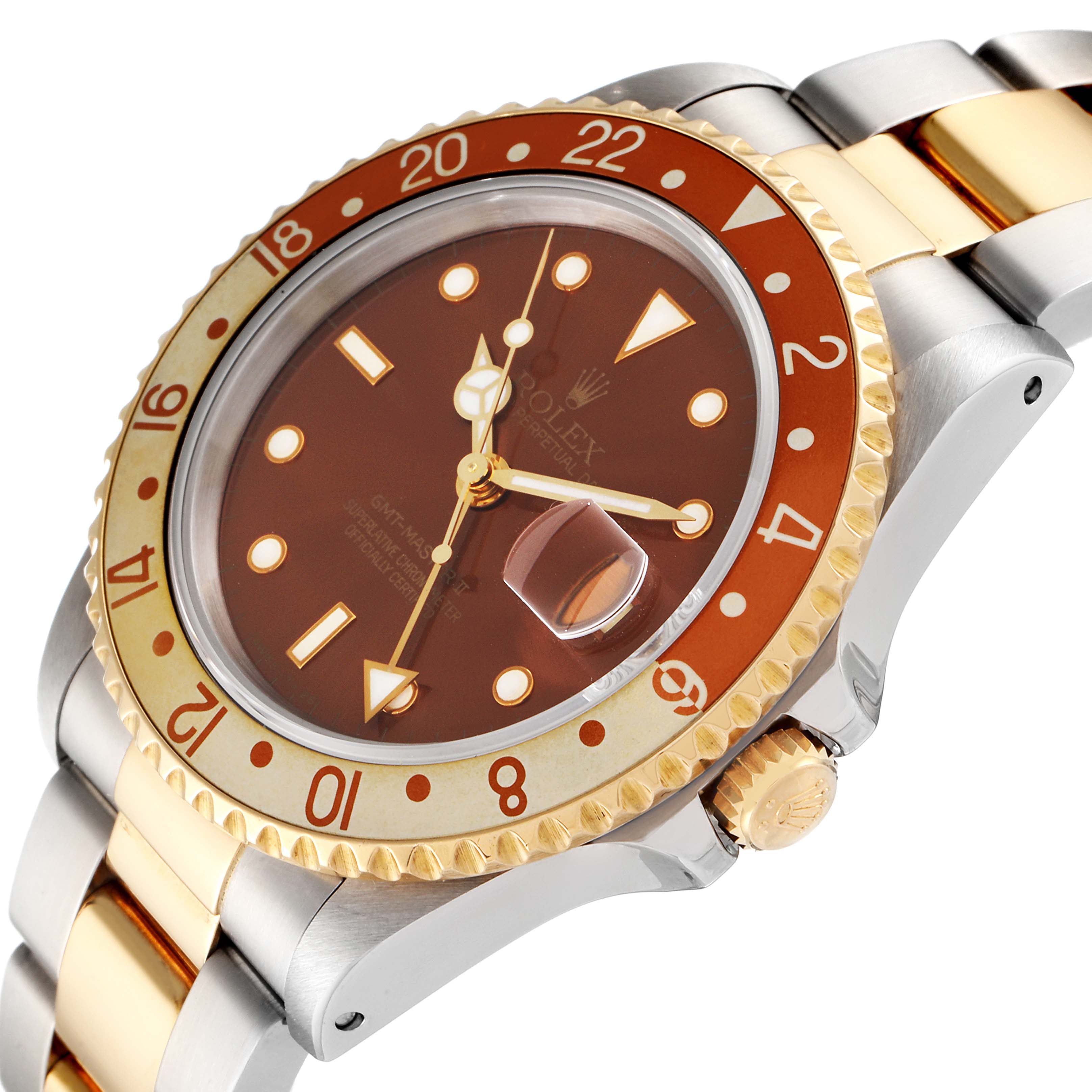 The image shows a Rolex GMT-Master 16713 Men's Steel and Gold (two tone) Brown Dial 16713 Men's Steel and Gold (two tone) Brown Dial watch at an oblique angle, highlighting the bezel, dial, and bracelet.