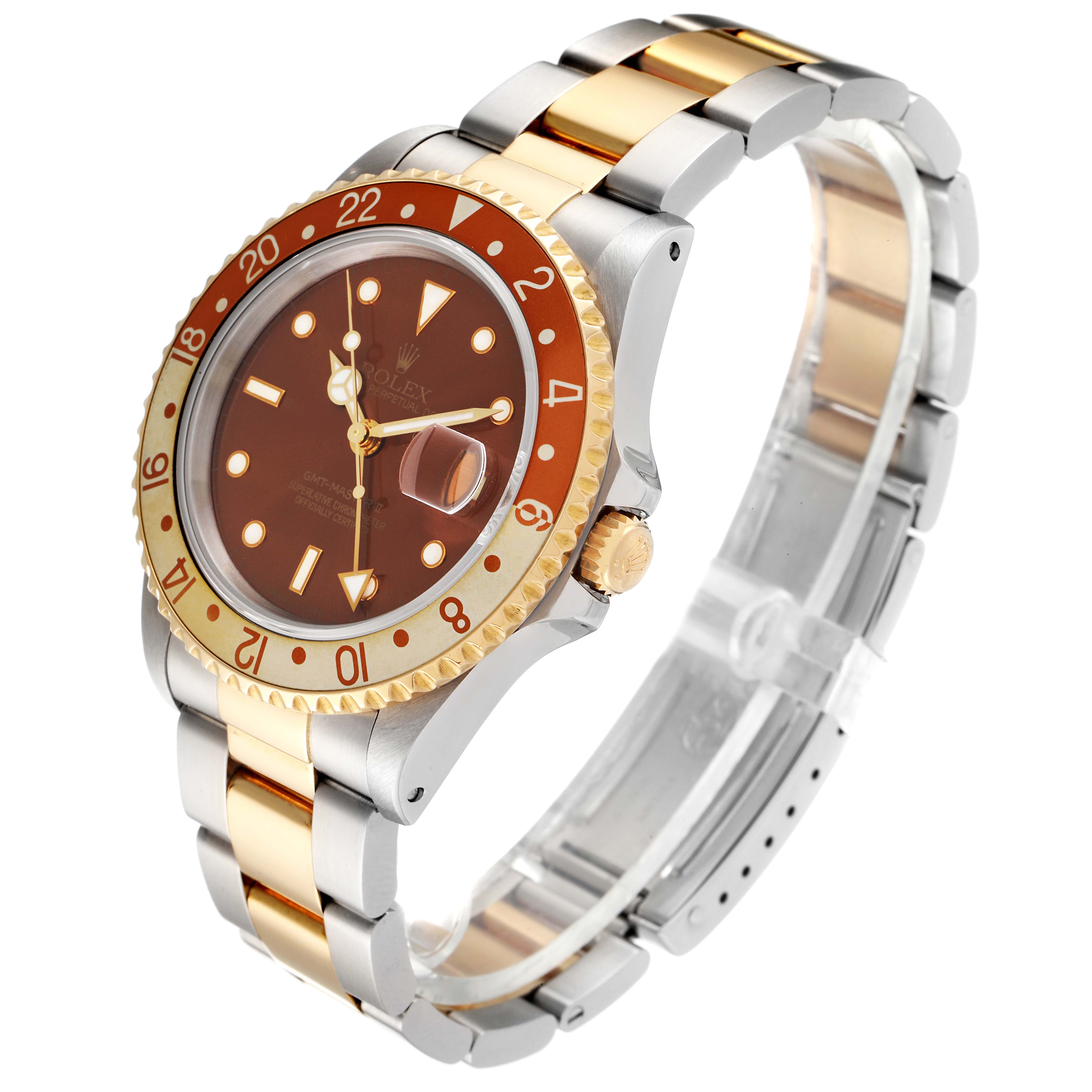 The image shows a Rolex GMT-Master 16713 Men's Steel and Gold (two tone) Brown Dial 16713 Men's Steel and Gold (two tone) Brown Dial watch angled to display the face, bezel, crown, and bracelet.
