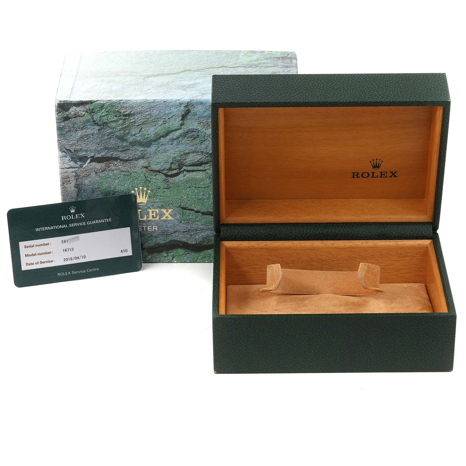 The image shows an empty Rolex GMT-Master 16713 Men's Steel and Gold (two tone) Brown Dial 16713 Men's Steel and Gold (two tone) Brown Dial watch box, along with an international service guarantee card.