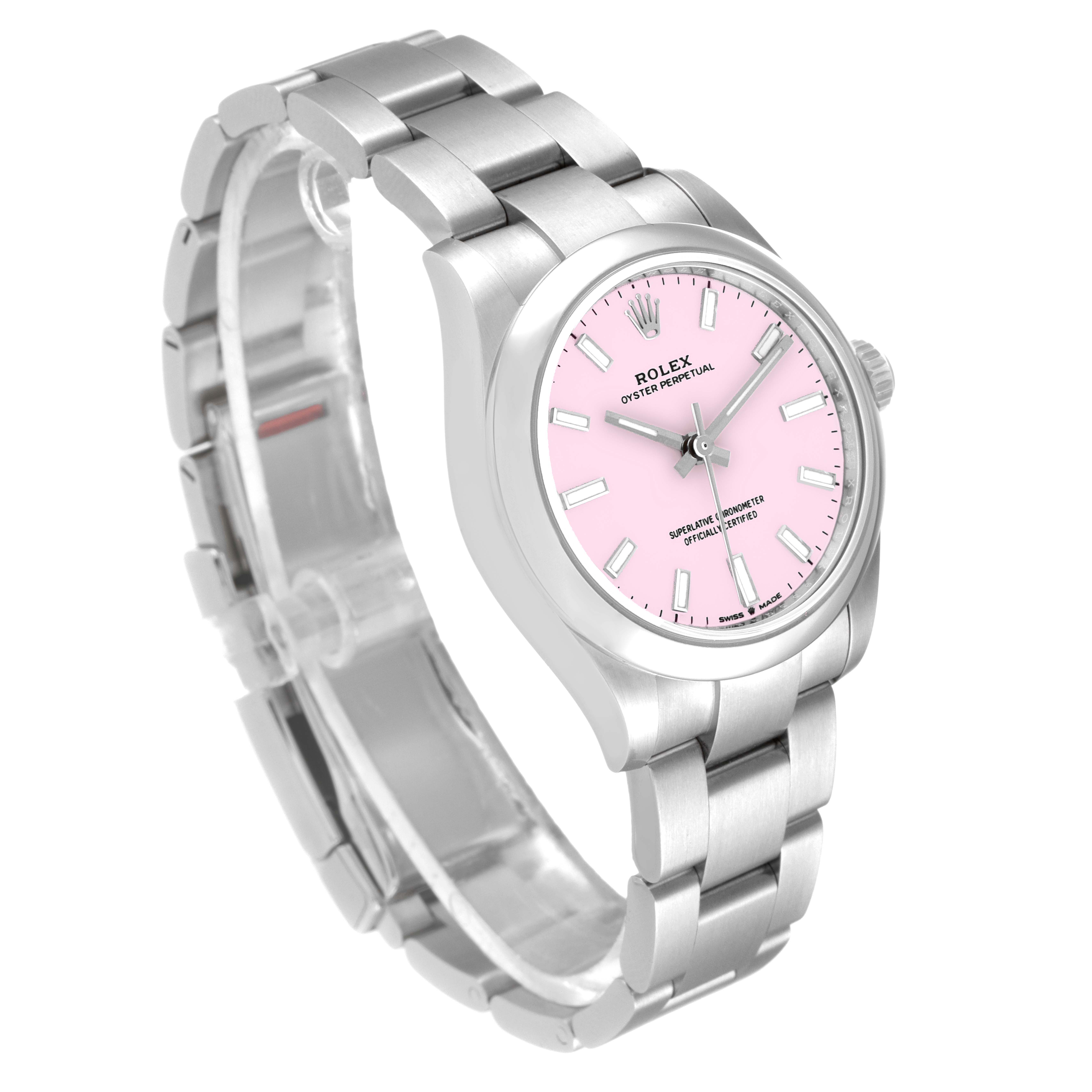 The Rolex Mid-Size 277200 Women's Stainless Steel Pink Dial 277200 Women's Stainless Steel Pink Dial watch is shown in a three-quarter angle, highlighting the pink dial, stainless steel case, and bracelet.