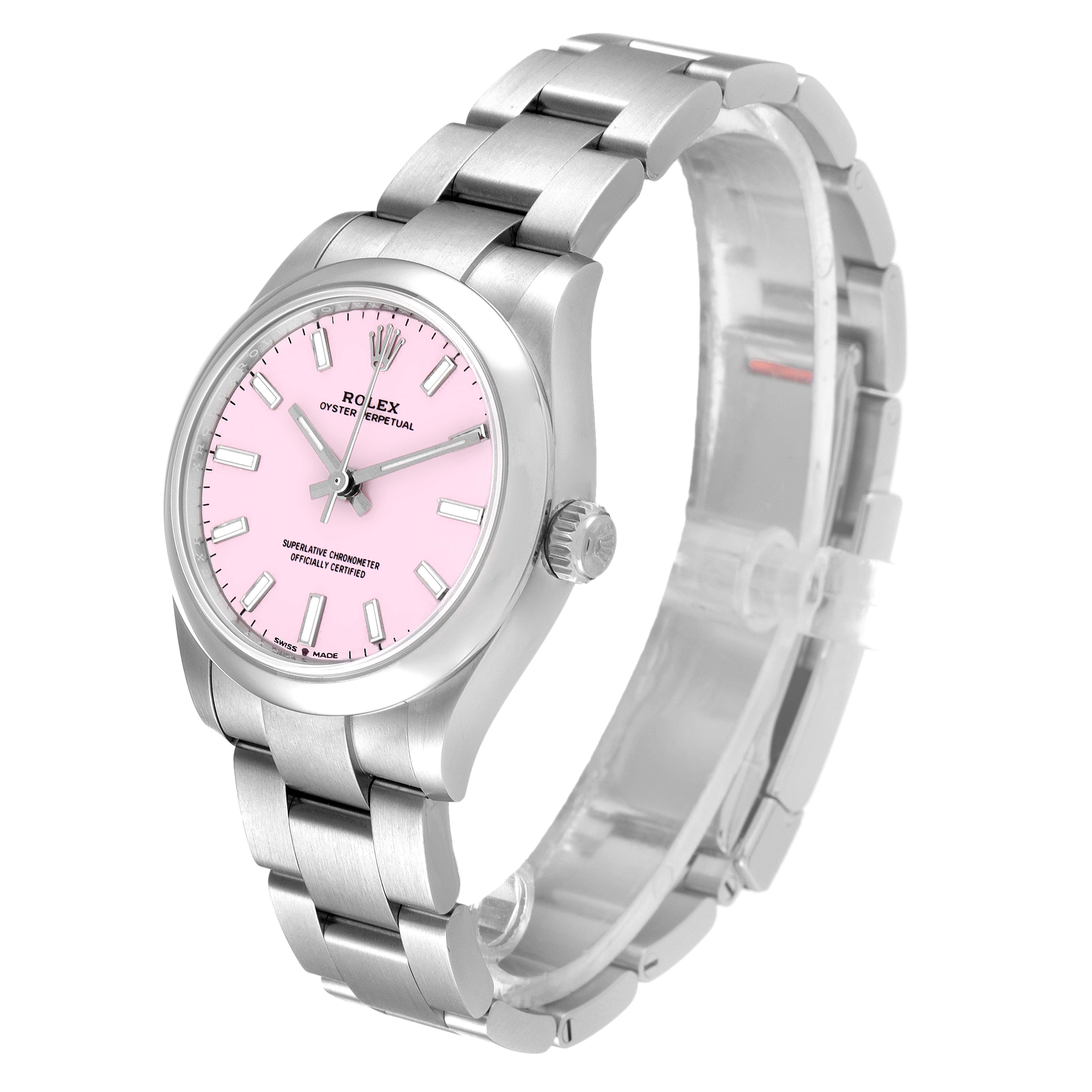 The Rolex Mid-Size 277200 Women's Stainless Steel Pink Dial 277200 Women's Stainless Steel Pink Dial watch is shown at an angle highlighting the pink dial, stainless steel case, and bracelet.