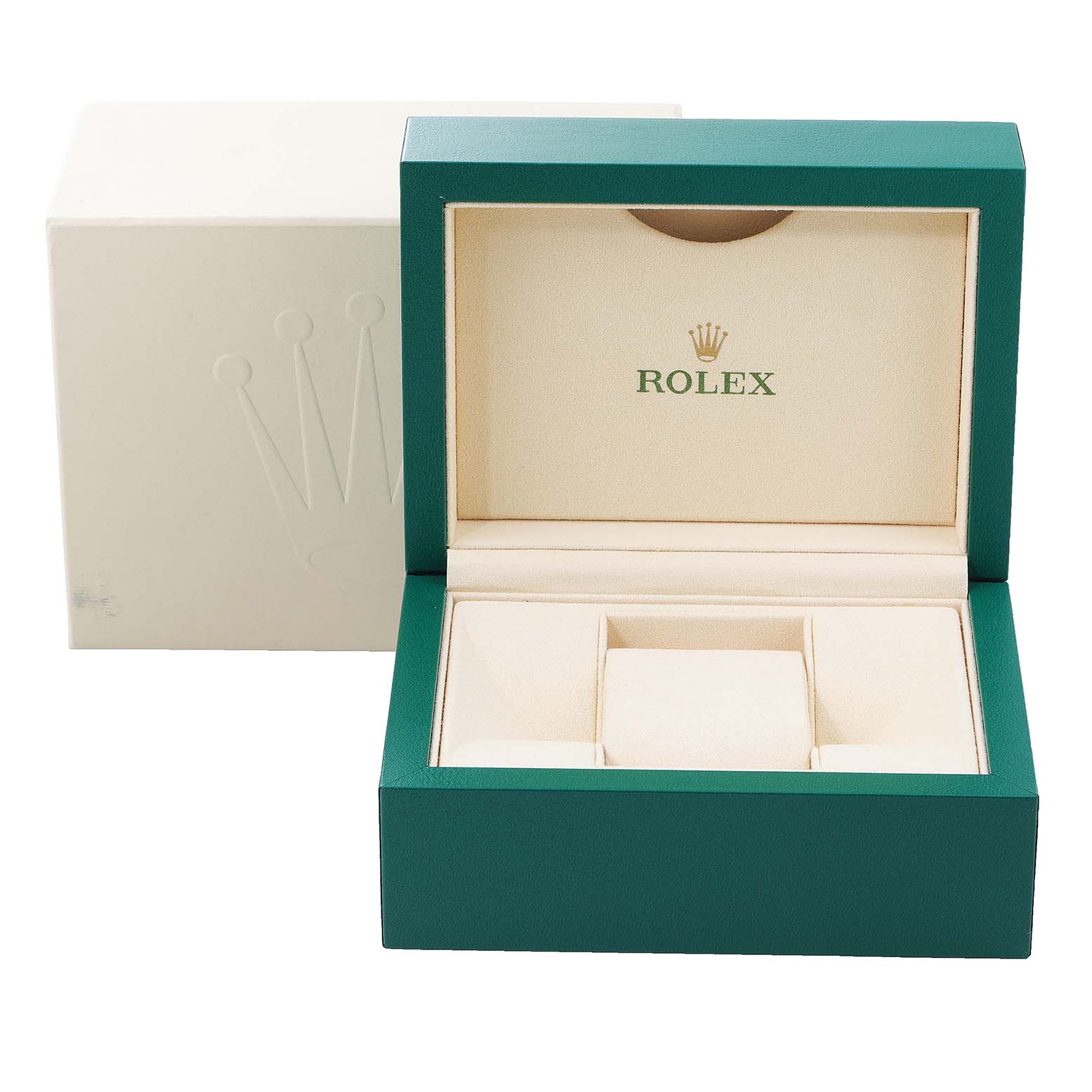 The image shows an open green and beige watch box for a Rolex Mid-Size 277200 Women's Stainless Steel Pink Dial 277200 Women's Stainless Steel Pink Dial model, alongside an outer white box.
