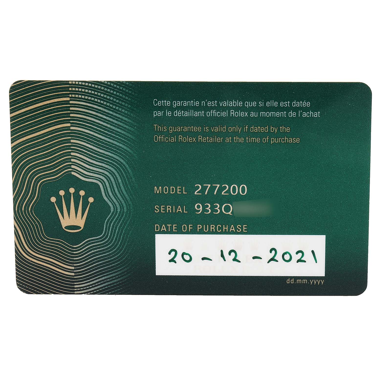 This image shows the warranty card for a Mid-Size Rolex, model 277200, with serial number and purchase date.