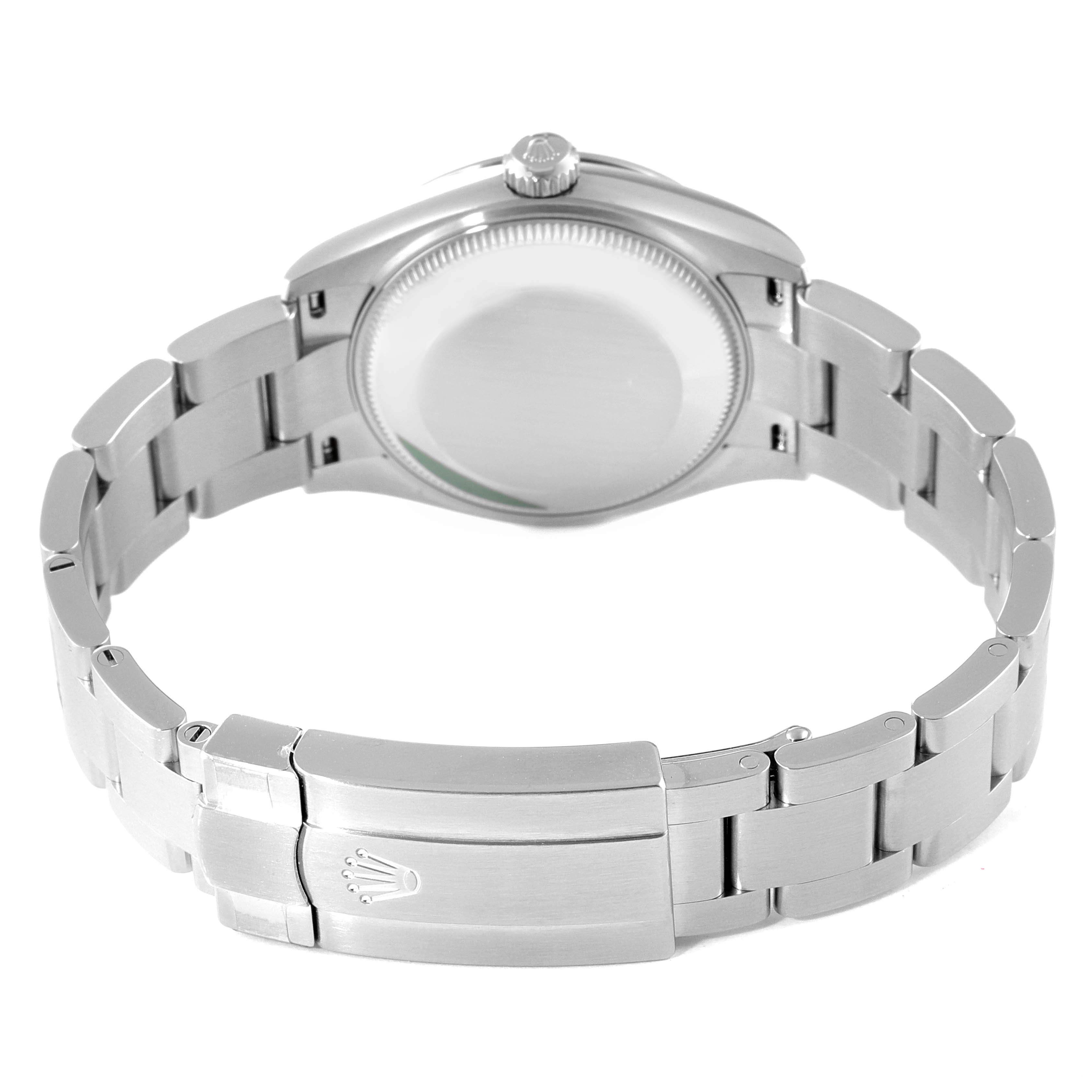 The image shows the back view of a Rolex Mid-Size 277200 Women's Stainless Steel Pink Dial 277200 Women's Stainless Steel Pink Dial watch, highlighting the case back, crown, and bracelet with clasp.